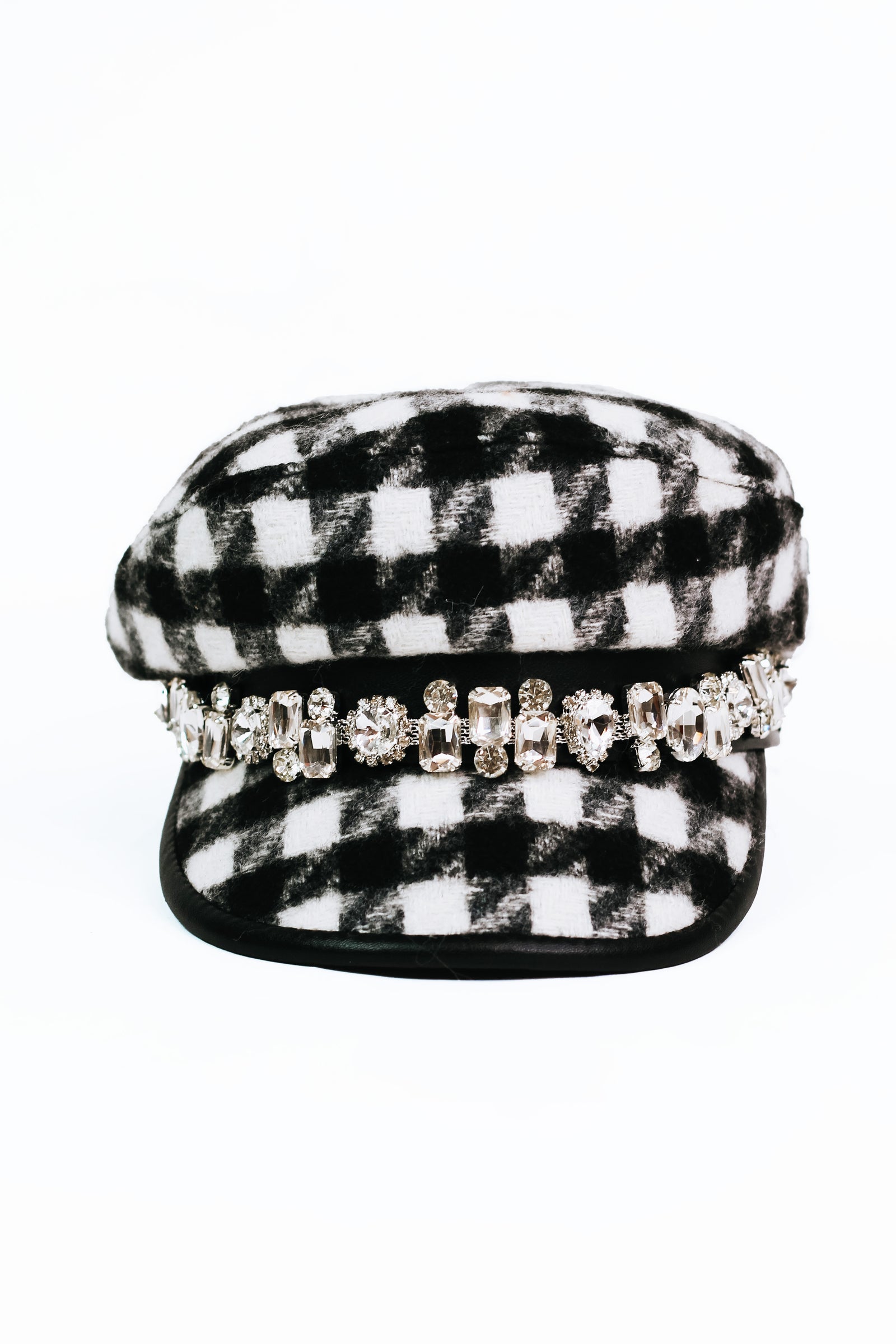 Houndstooth Check Winter Cap w/ Rhinestone Trim