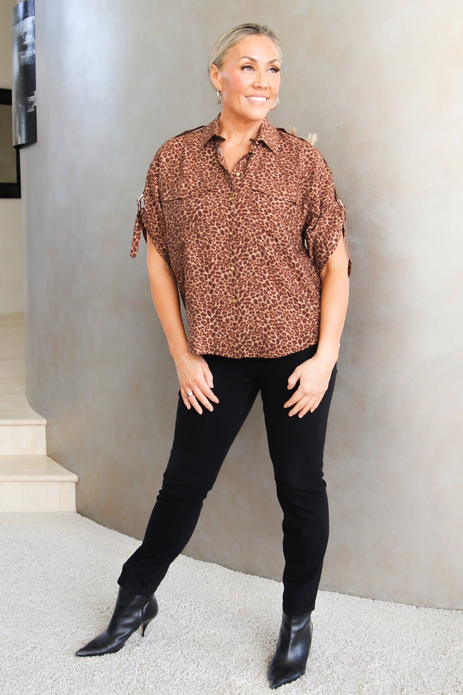 Short Sleeve Blouse w/ Metal Trim