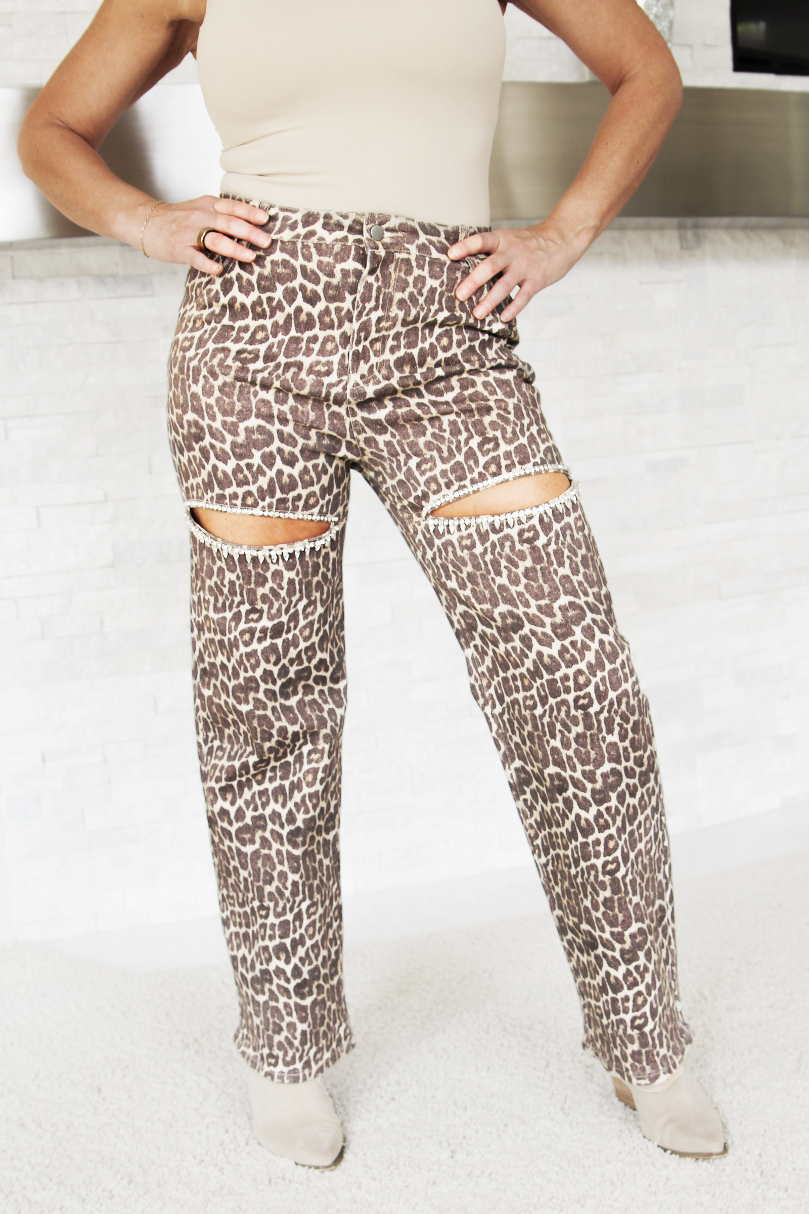 Leopard Print Rhinestone Cutout Jeans