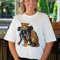 Rhinestone Accented Leopard Tee w/ Detachable Ribbon Bow