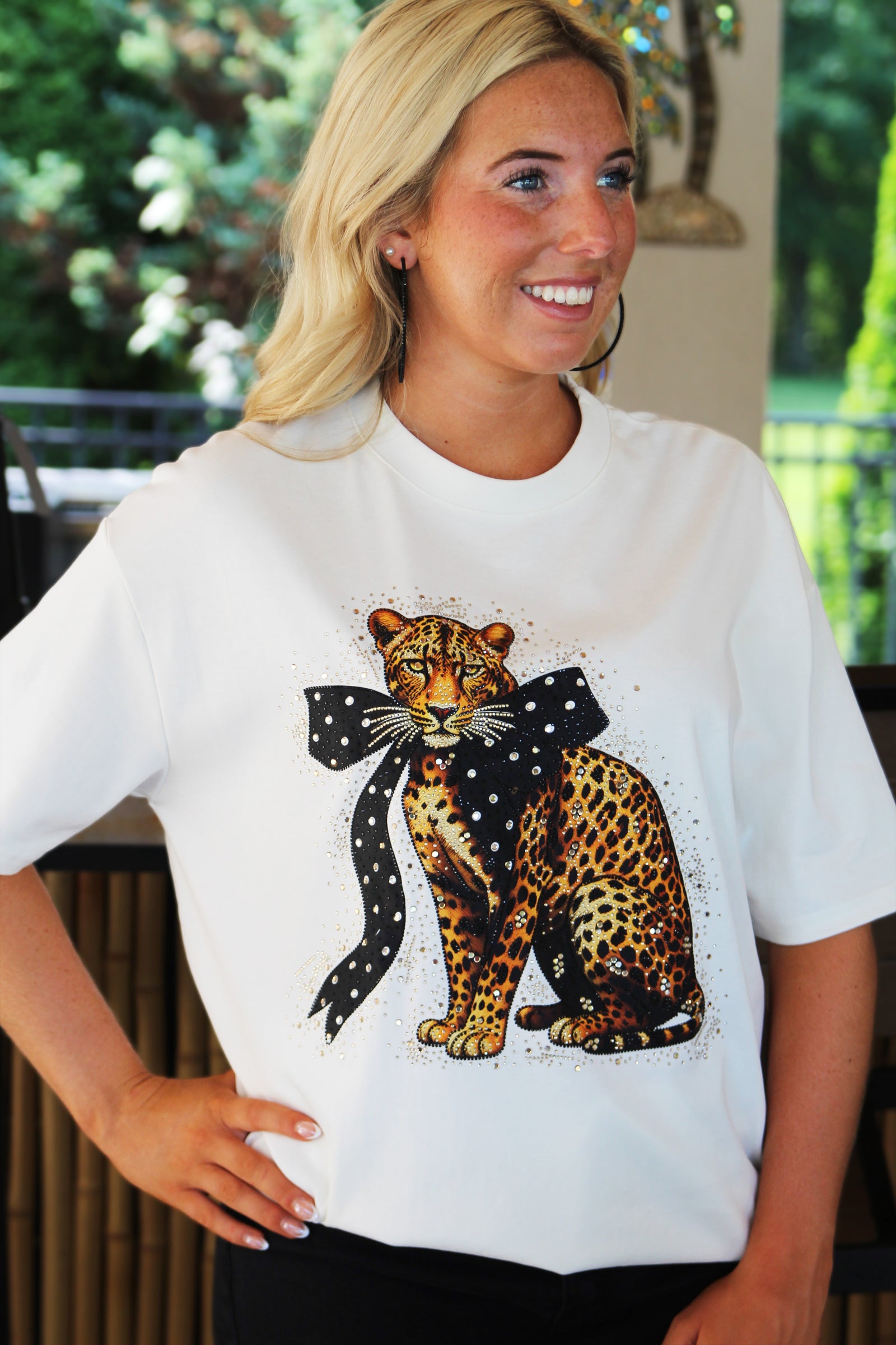 Rhinestone Accented Leopard Tee w/ Detachable Ribbon Bow