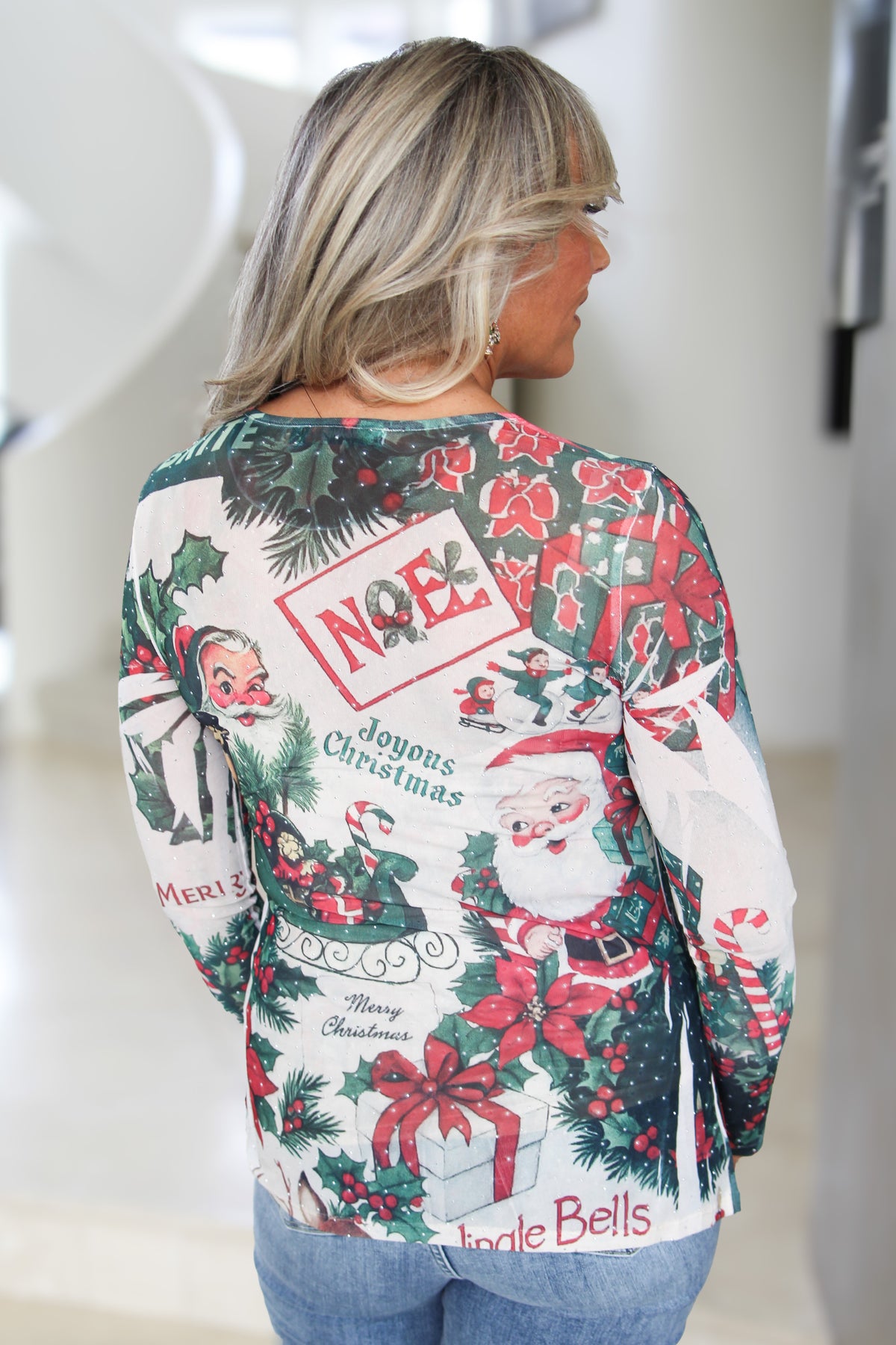 Christmas Print & Rhinestone Stretch Mesh Top