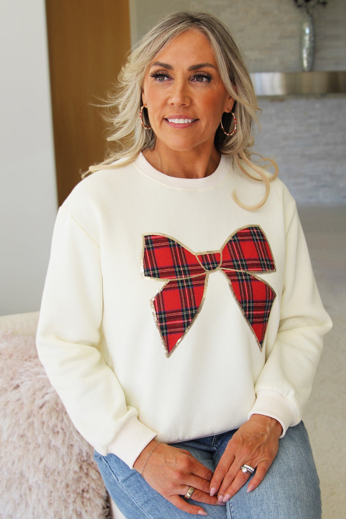 Christmas Sweatshirt w/ Plaid &amp; Sequin Bow
