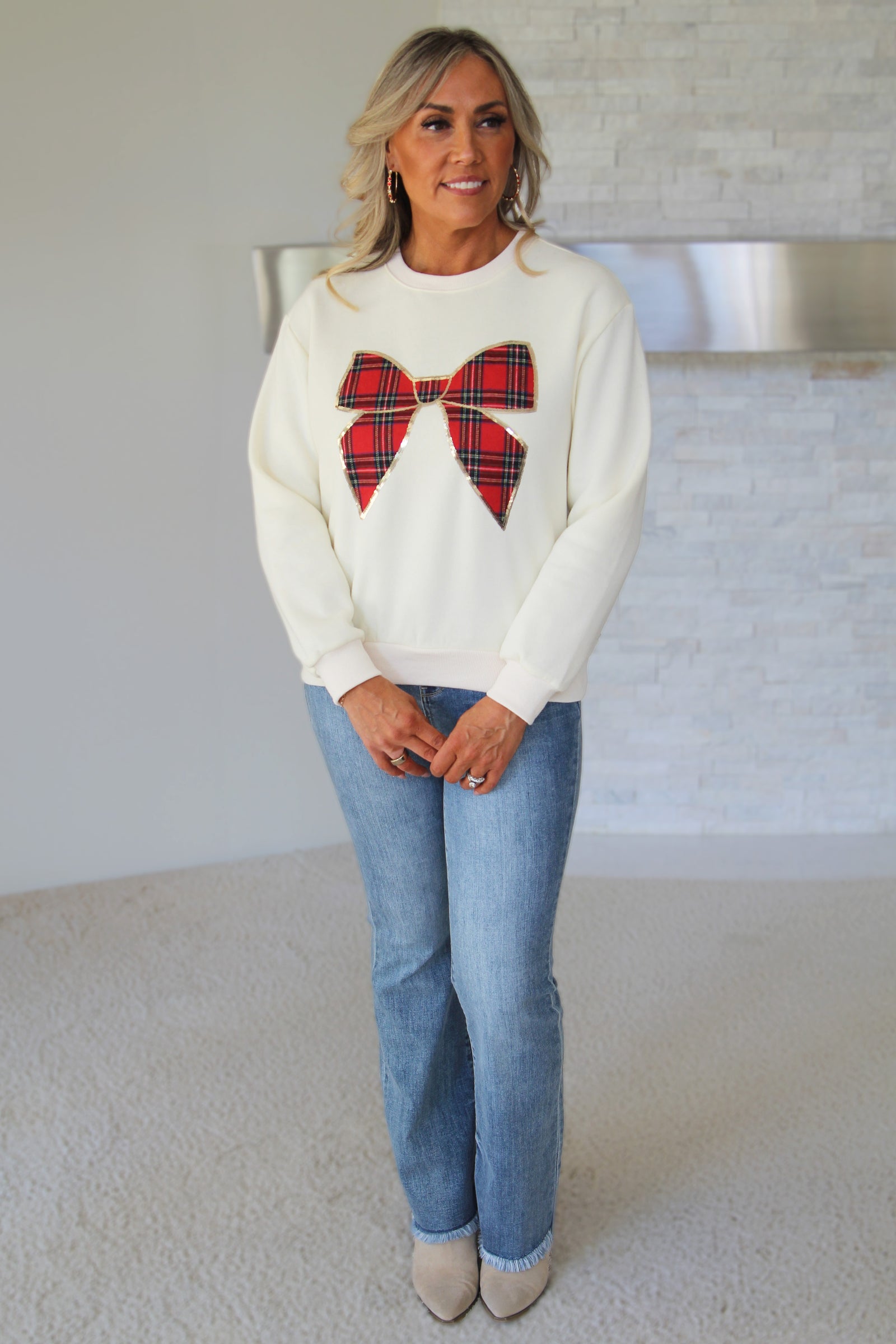 Christmas Sweatshirt w/ Plaid & Sequin Bow