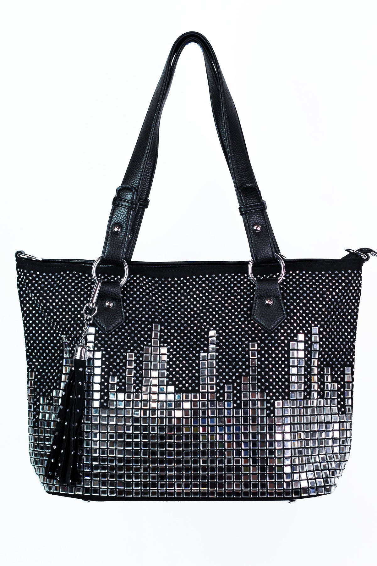 City Skyline Handbag w/ Rhinestone &amp; Square Stones and Tassel