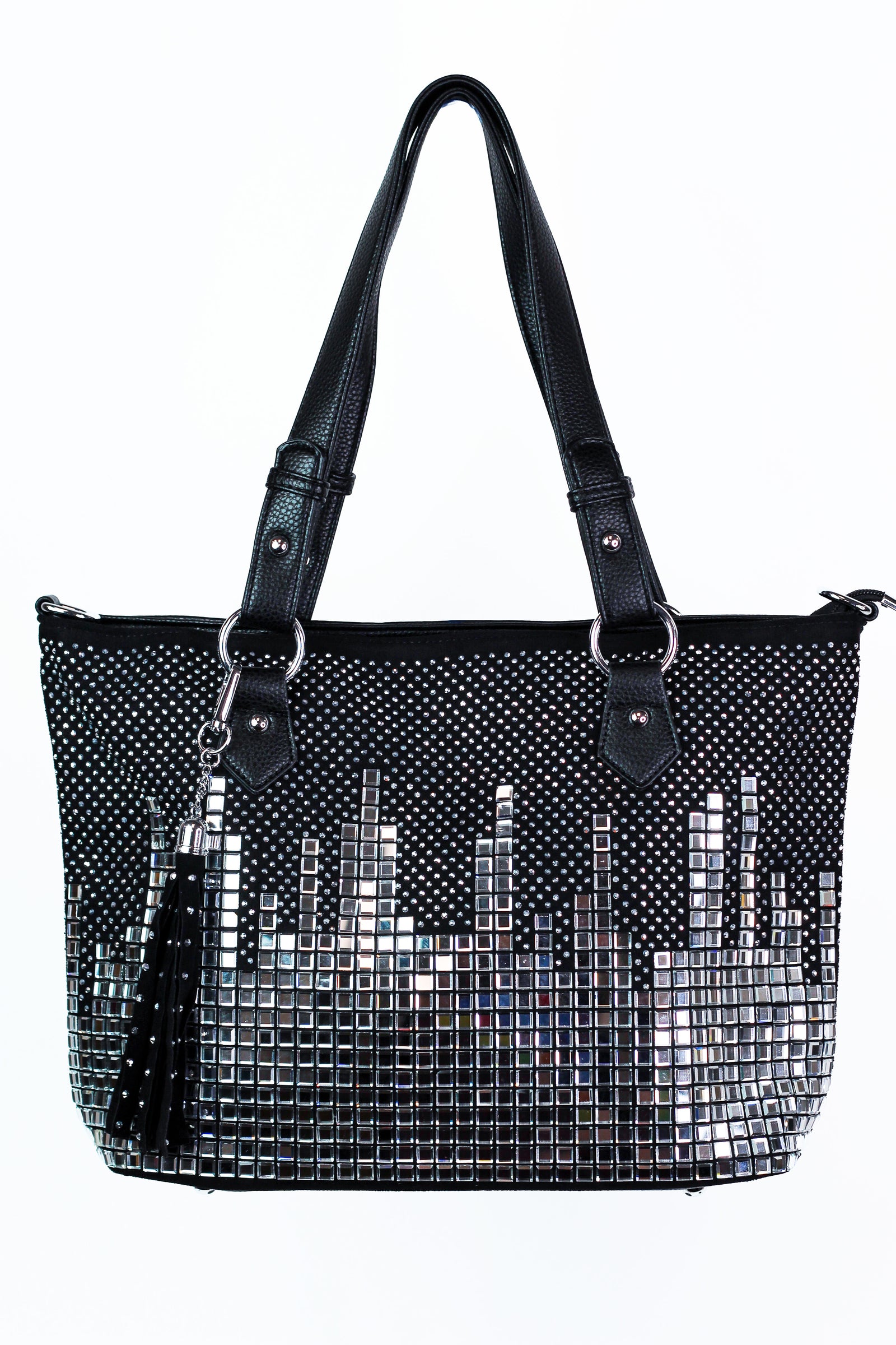 City Skyline Handbag w/ Rhinestone & Square Stones and Tassel