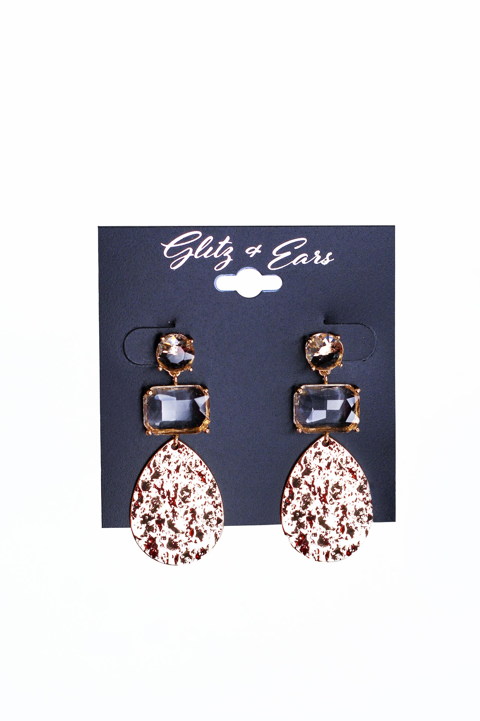 Clear Round, Rectangle & Hammered Metal Teardrop Earrings