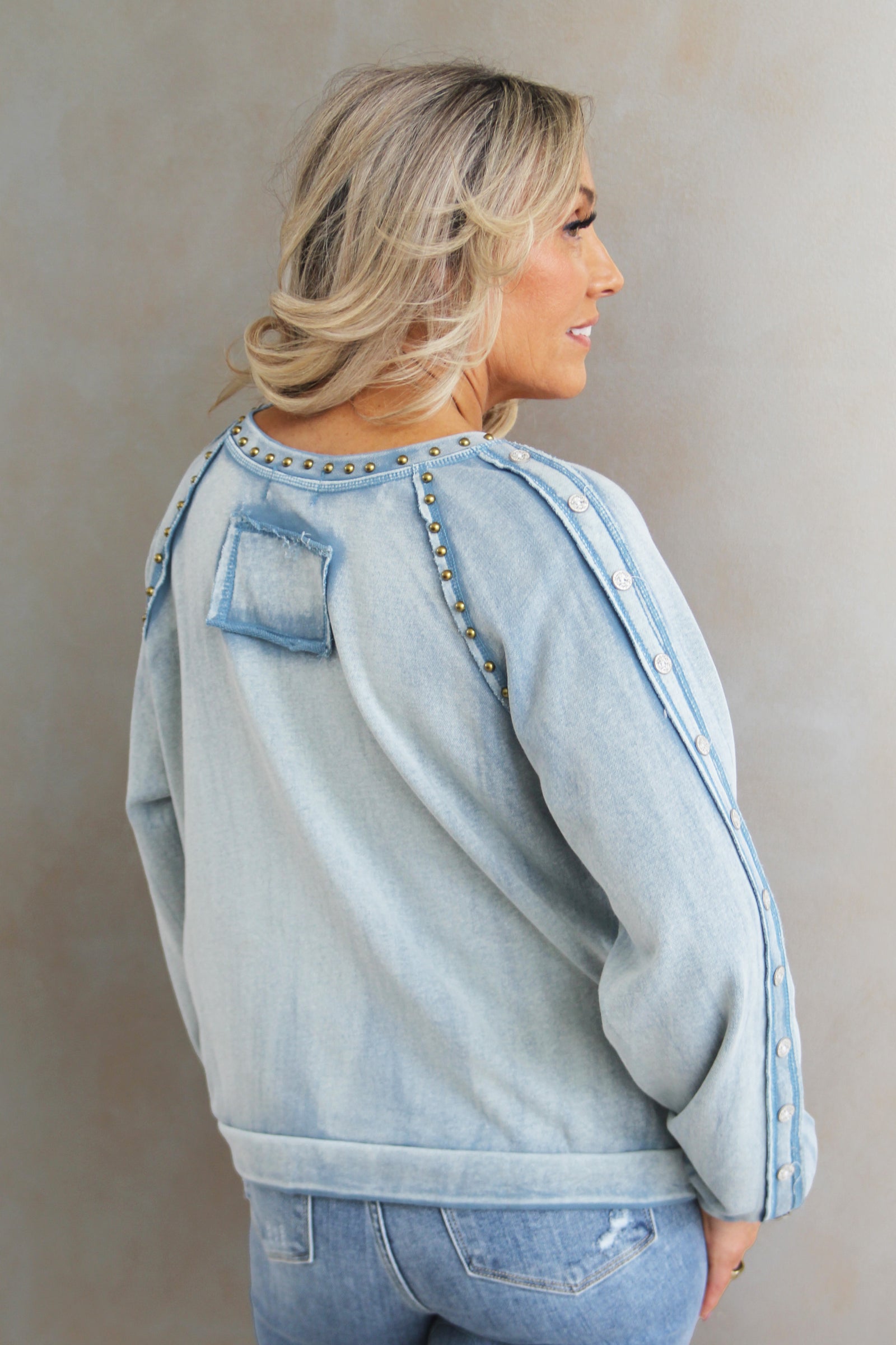 Washed French Terry Top w/ Stud & Button Trim