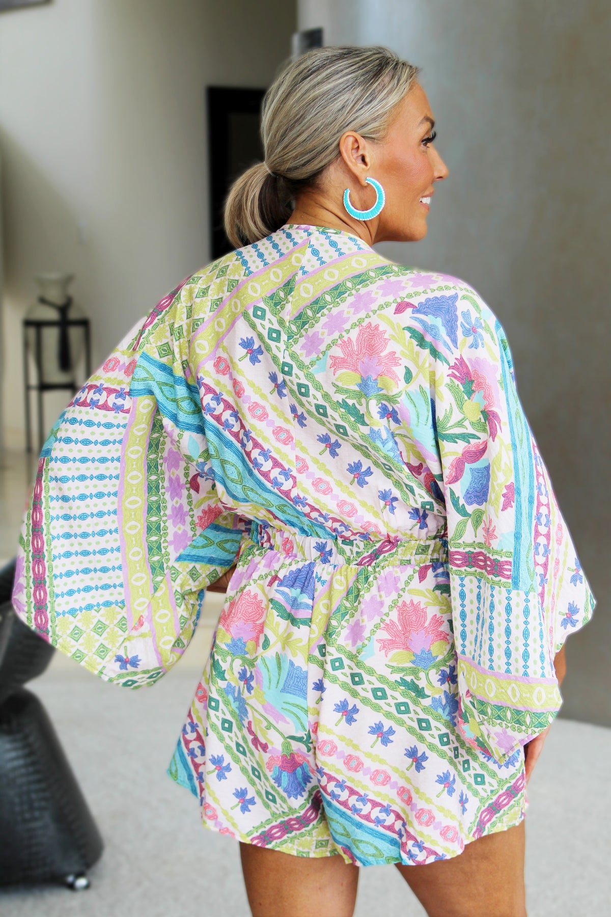 Boho Print V-Neck Batwing Romper w/ Front Tie