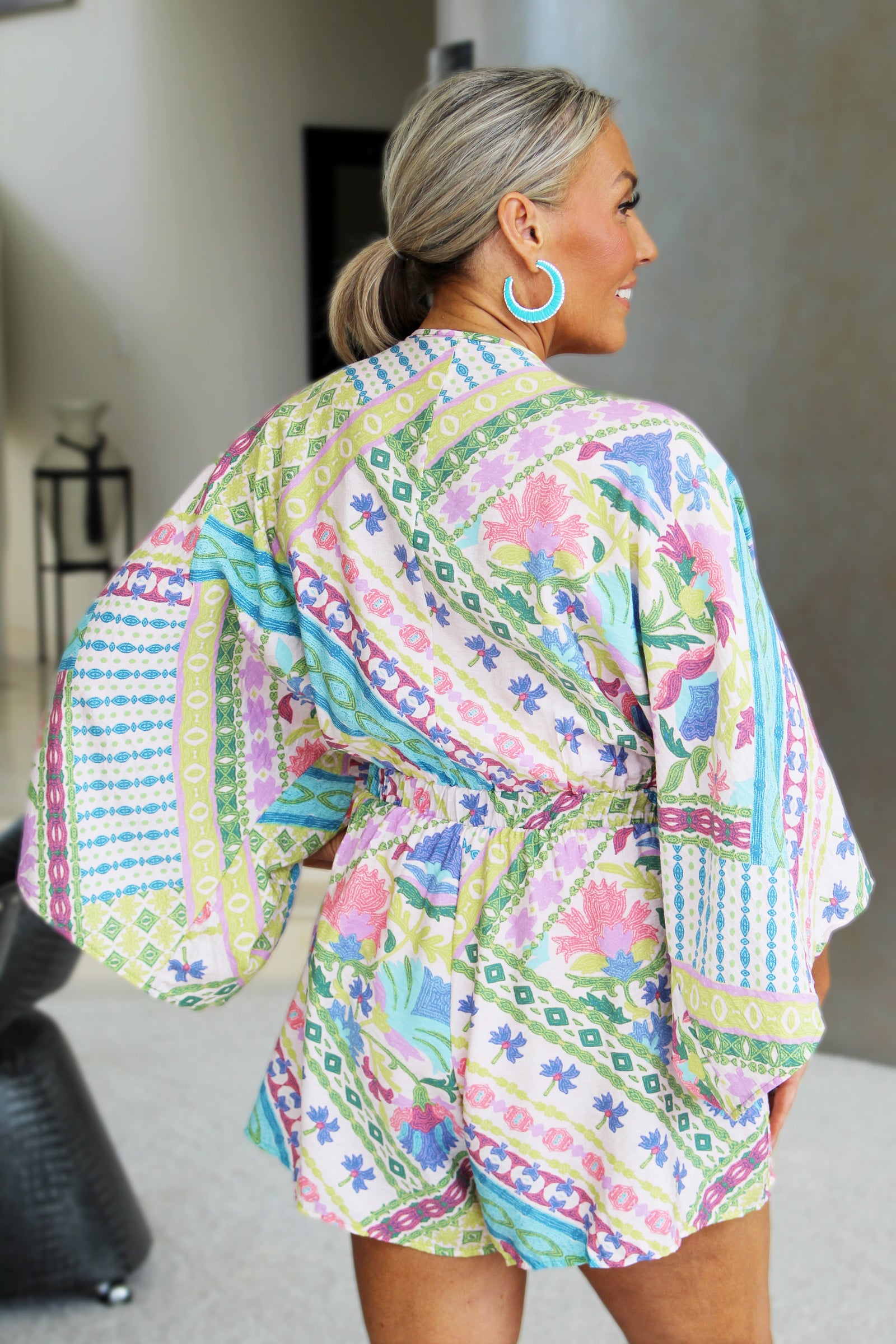 Boho Print V-Neck Batwing Romper w/ Front Tie