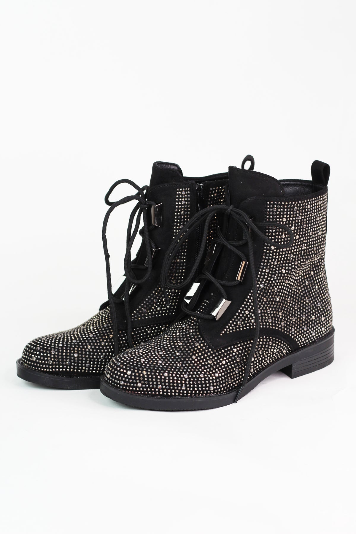 Rhinestone Studded Lace Up Combat Boot