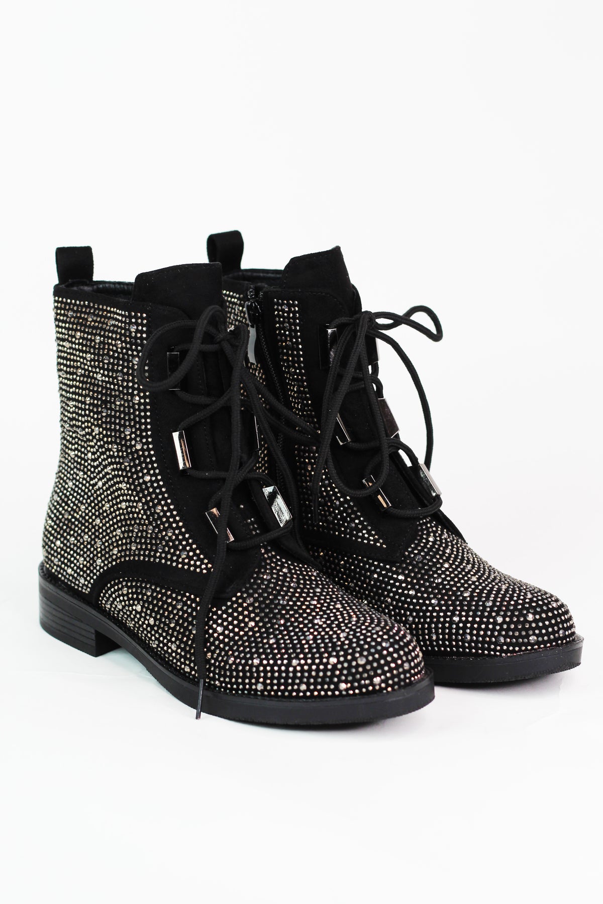 Rhinestone Studded Lace Up Combat Boot