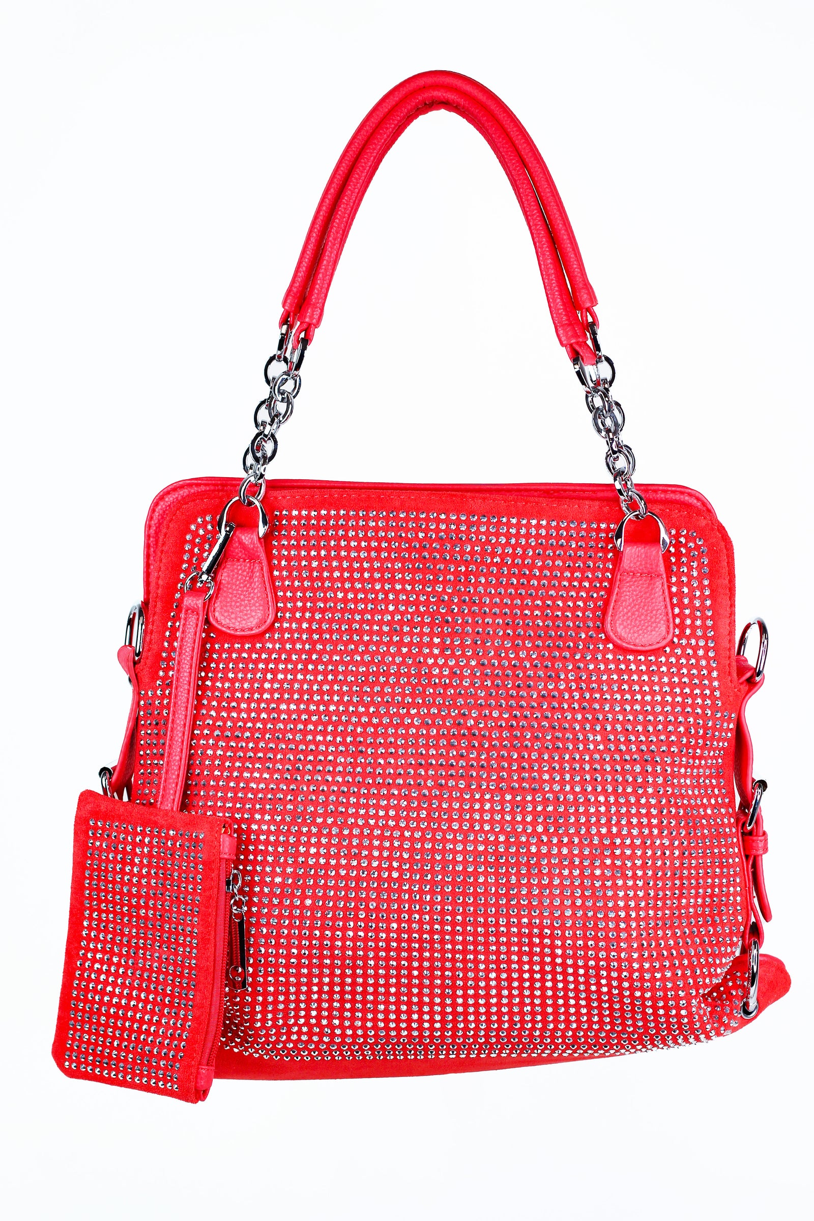Rhinestone Front Double Handle Purse w/ Matching Wristlet Pouch - Glitz & Ears Boutique