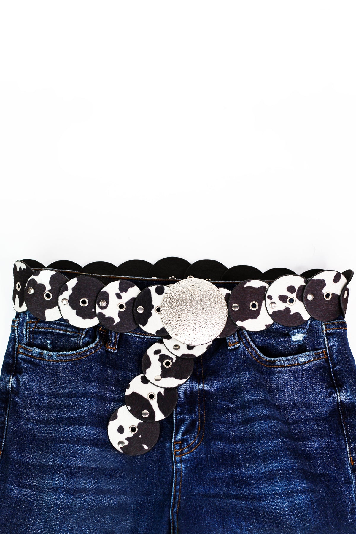 Cow Print Circles Belt w/ Large Hammered Metal Buckle