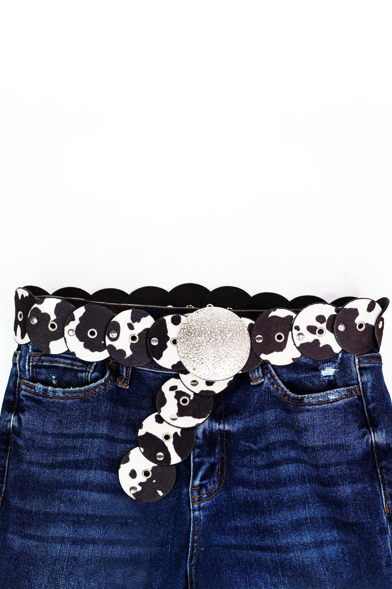 Cow Print Circles Belt w/ Large Hammered Metal Buckle