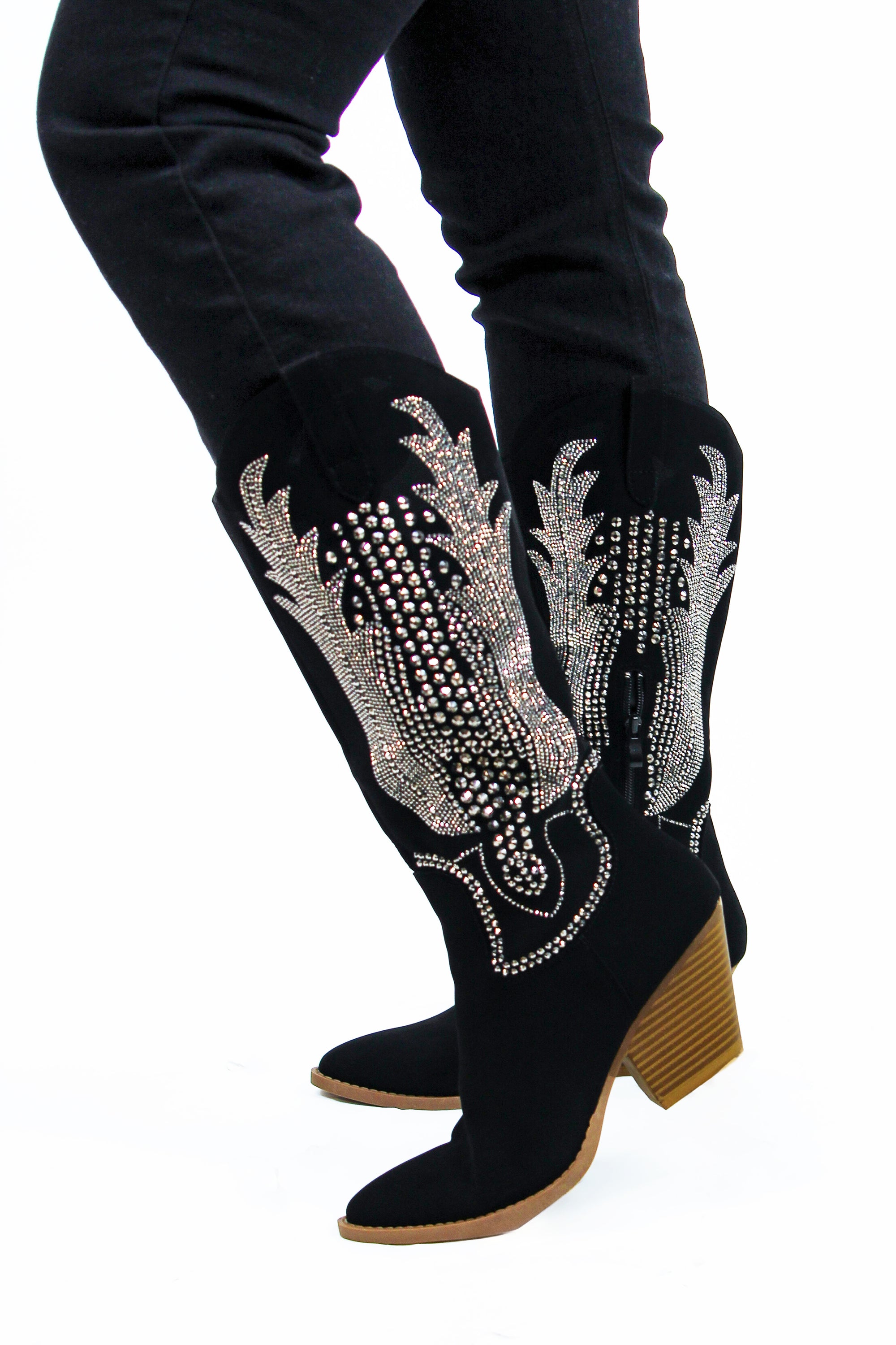 Black w/ Pewter Studded Design Stripped Heel Cowboy Boot