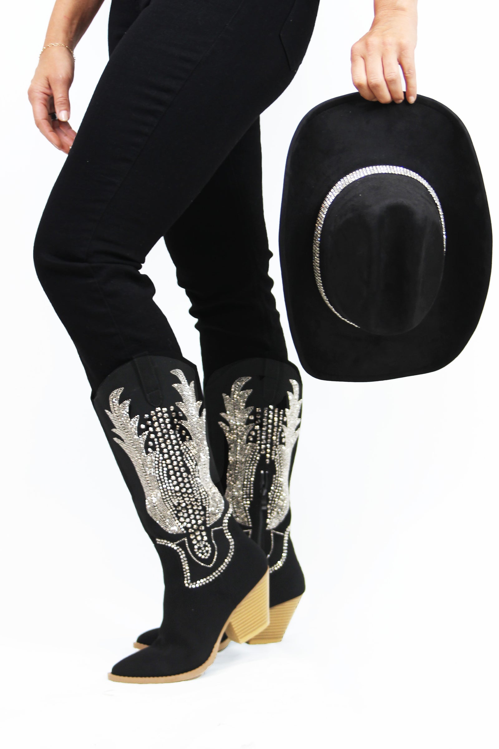 Black w/ Pewter Studded Design Stripped Heel Cowboy Boot