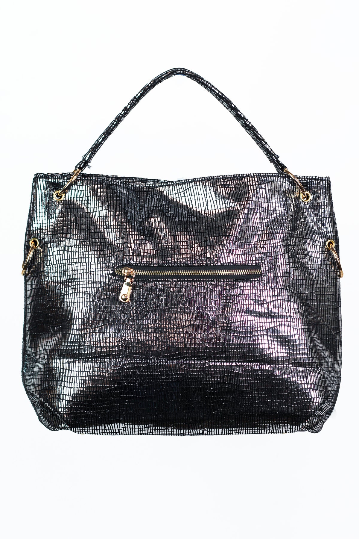 Rhinestone Front Crackled Metallic Fabric One Handle Purse