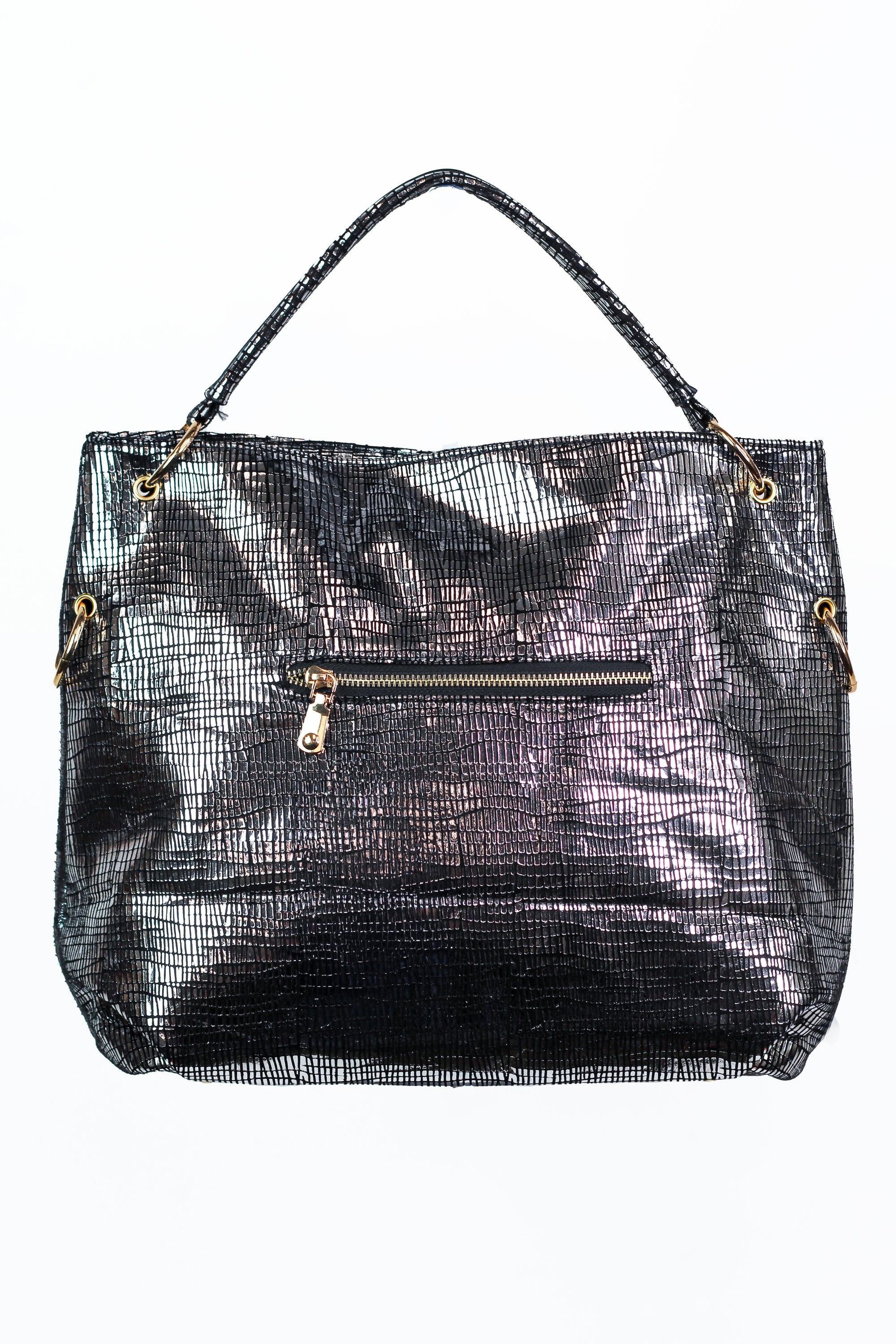 Rhinestone Front Crackled Metallic Fabric One Handle Purse