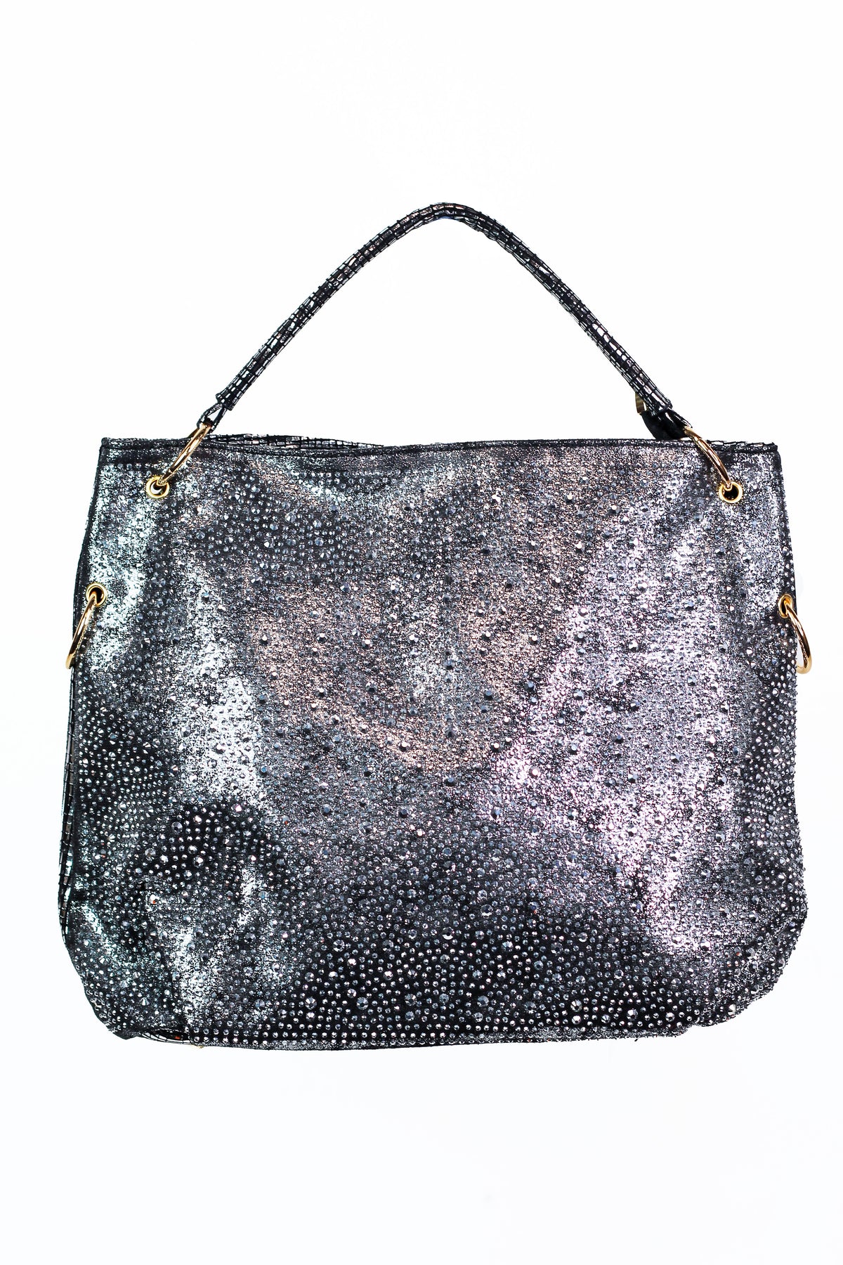 Rhinestone Front Crackled Metallic Fabric One Handle Purse