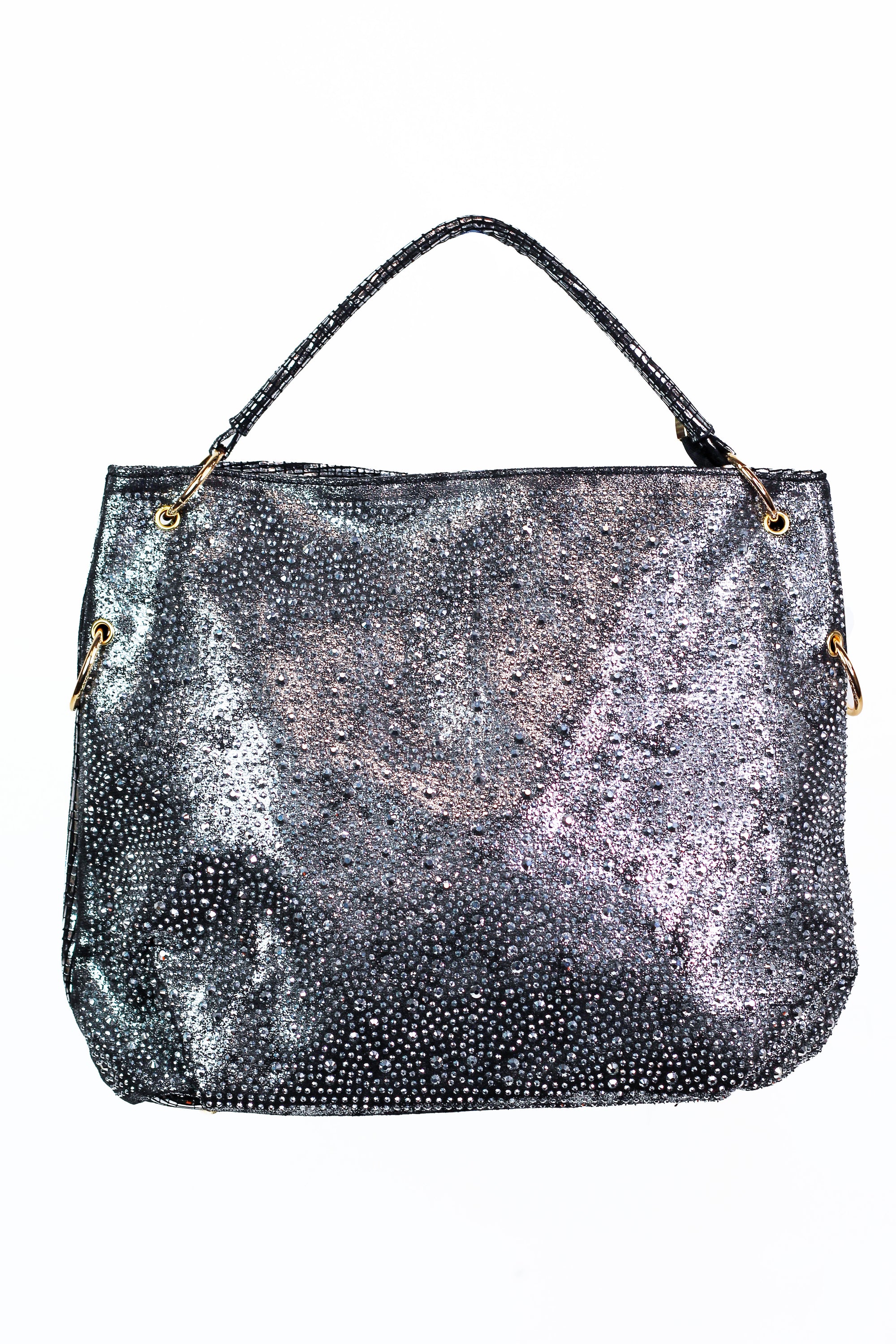 Rhinestone Front Crackled Metallic Fabric One Handle Purse