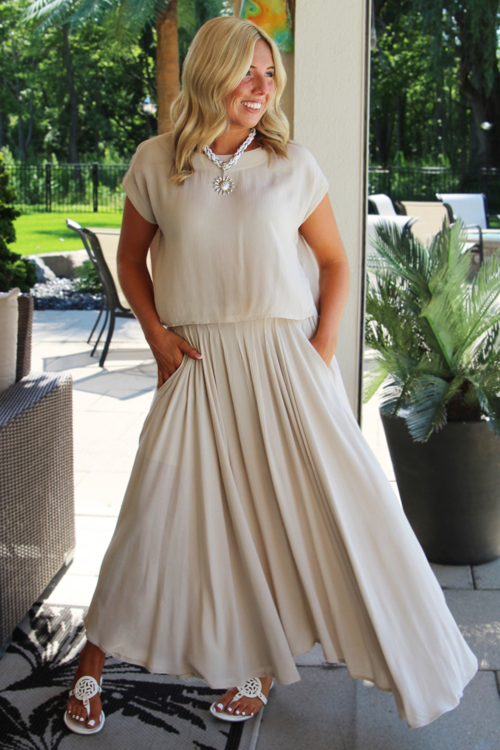 Short Sleeve Gauze Cropped Top & Midi Swing Skirt Set