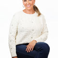 Long Sleeve Cable Knit Sweater w/ Rhinestone Detail