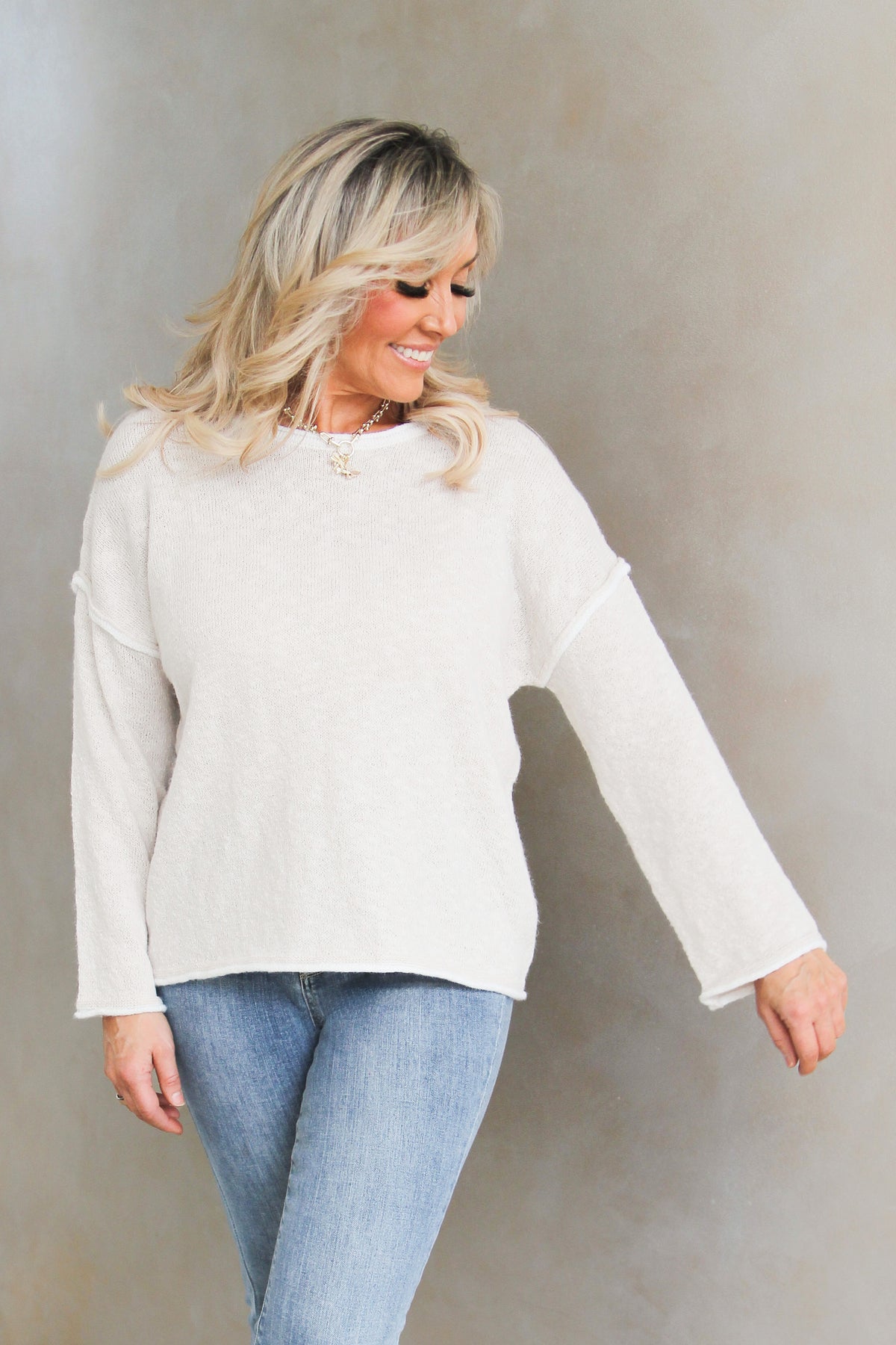 Long Sleeve Round Neck White Trim Cozy Knit Sweater
