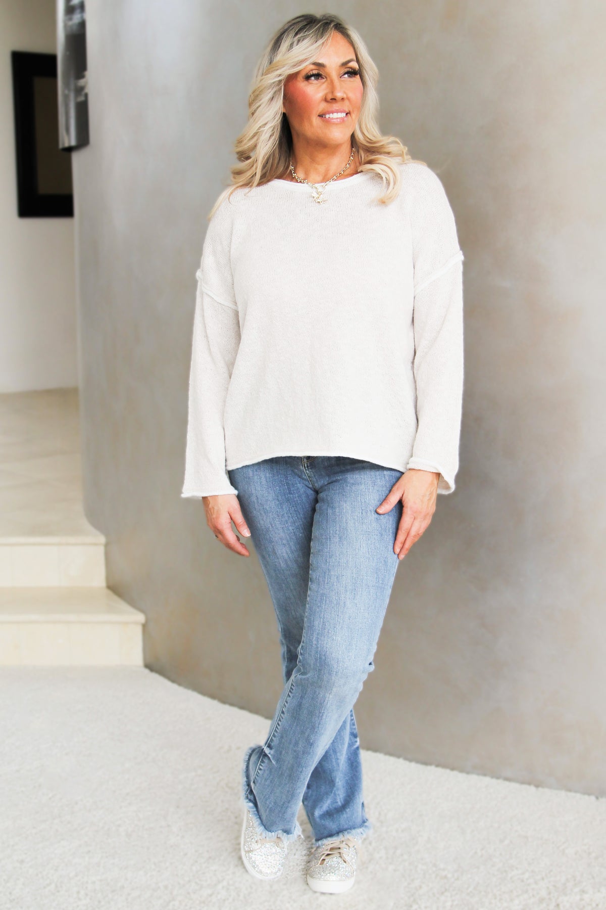 Long Sleeve Round Neck White Trim Cozy Knit Sweater