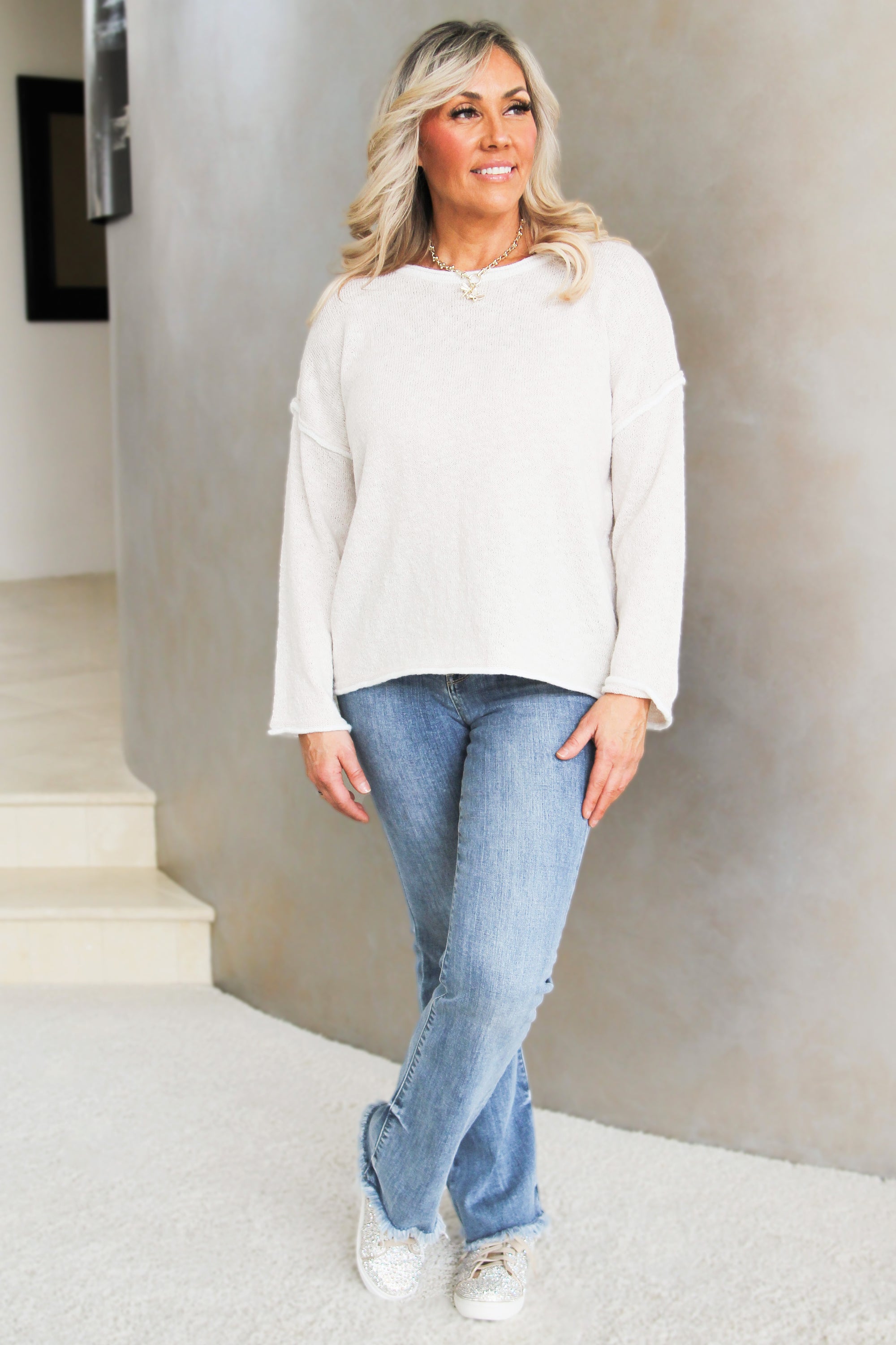 Long Sleeve Round Neck White Trim Cozy Knit Sweater