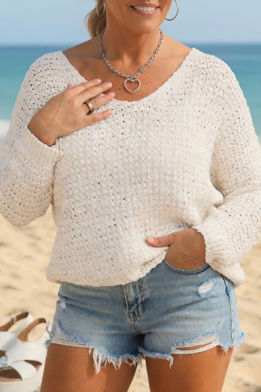V-Neck Waffle Knit Long Sleeve Sweater (SALE)