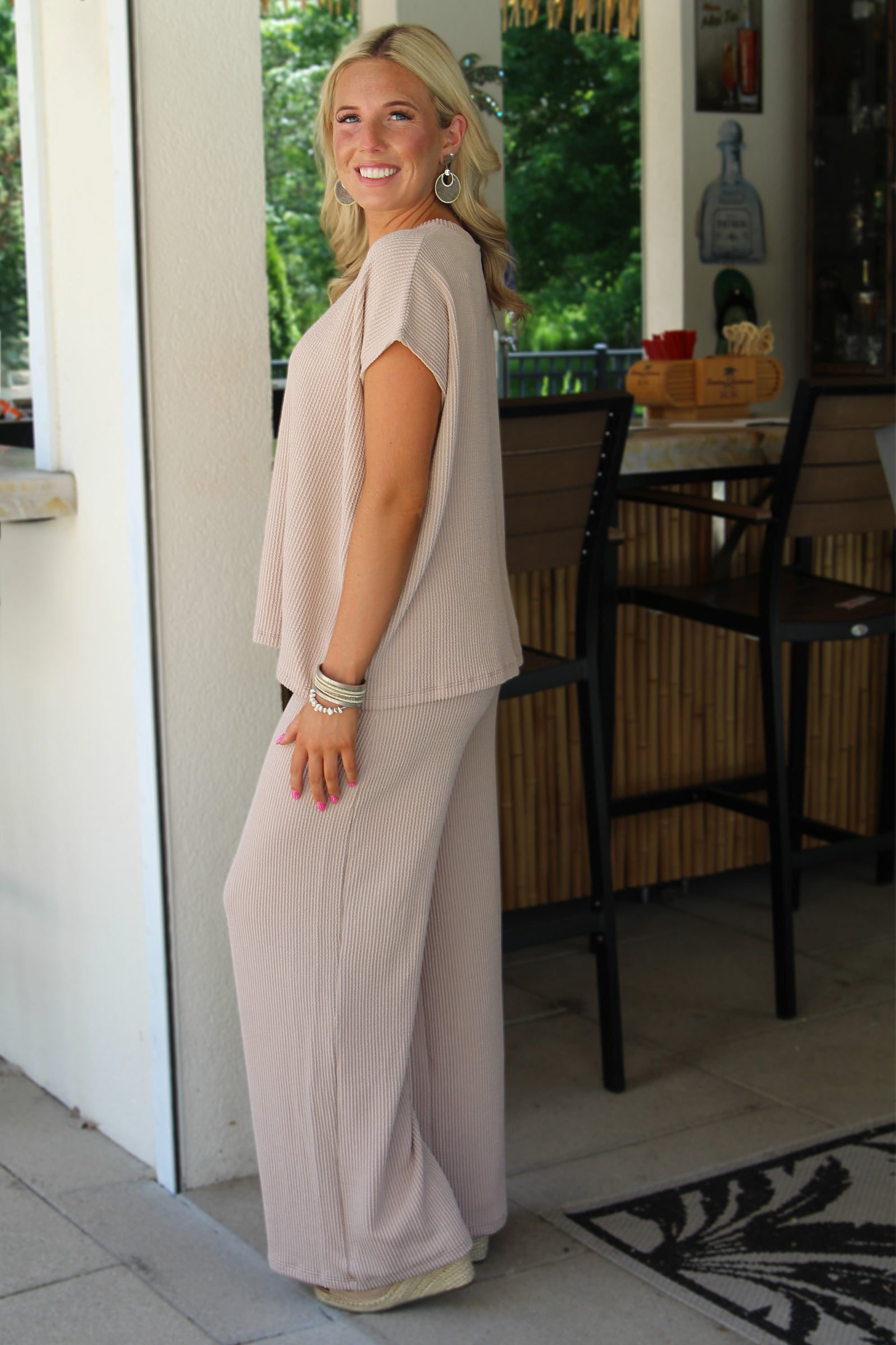 Ribbed Knit Short Sleeve Top & Wide Leg Pants Set