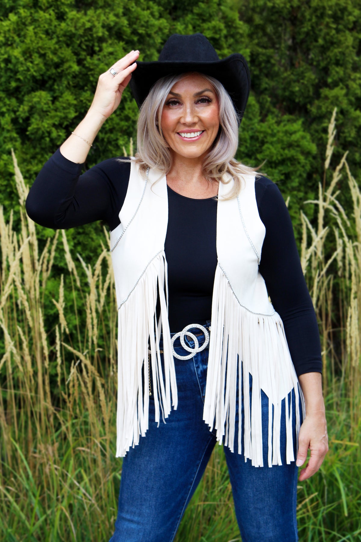 Suede Fringe Vest w/ Rhinestone Detail