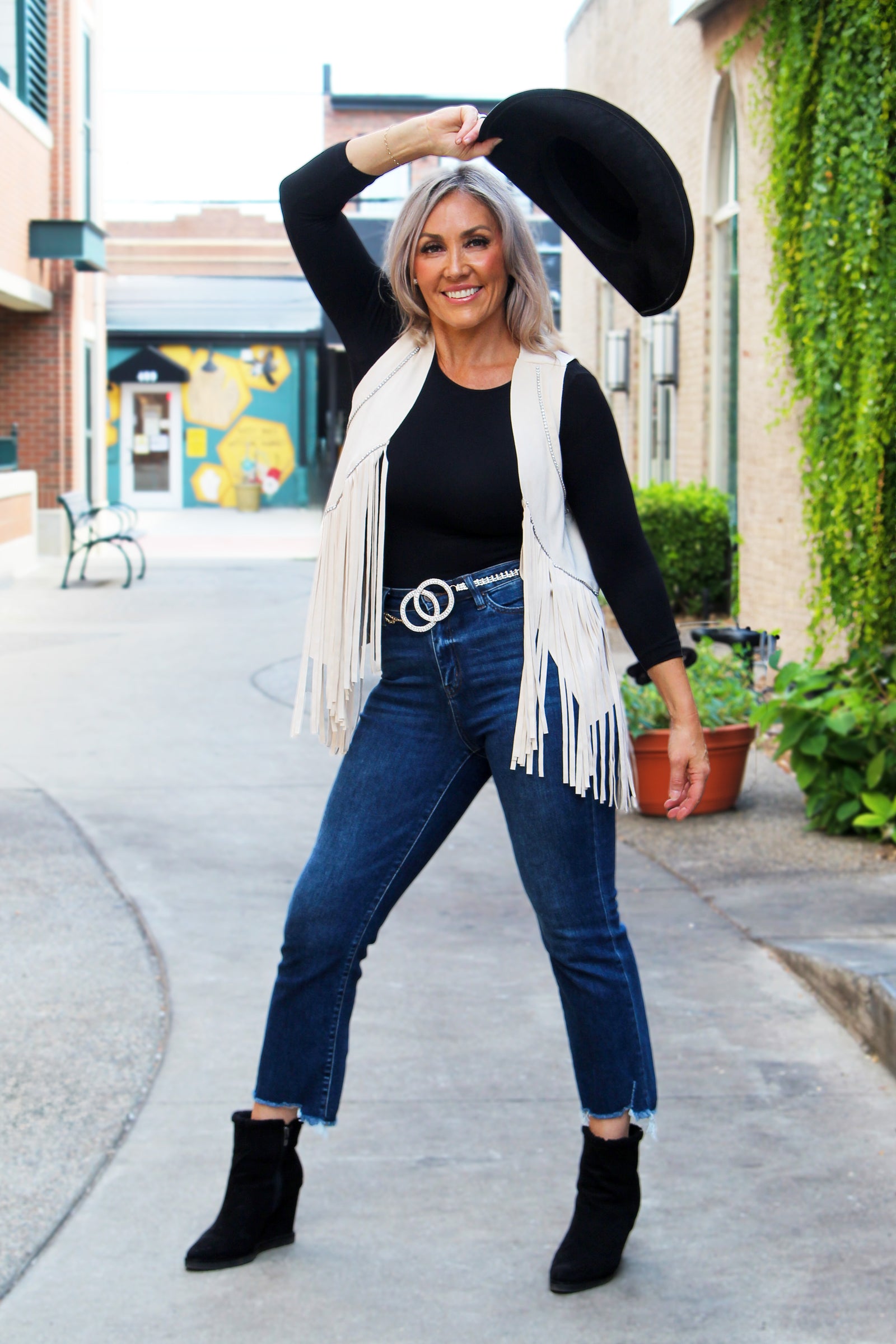 Suede Fringe Vest w/ Rhinestone Detail