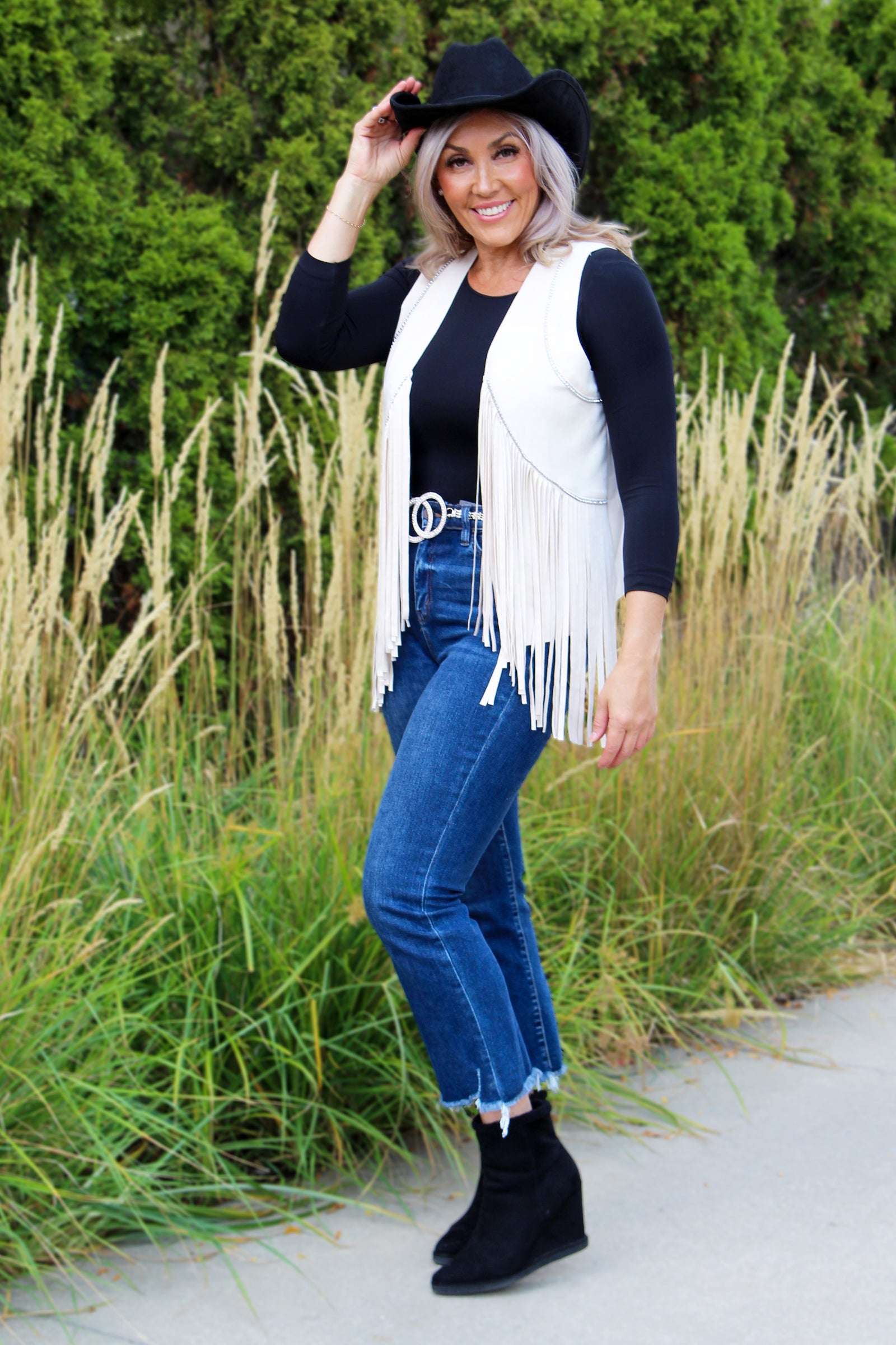 Suede Fringe Vest w/ Rhinestone Detail
