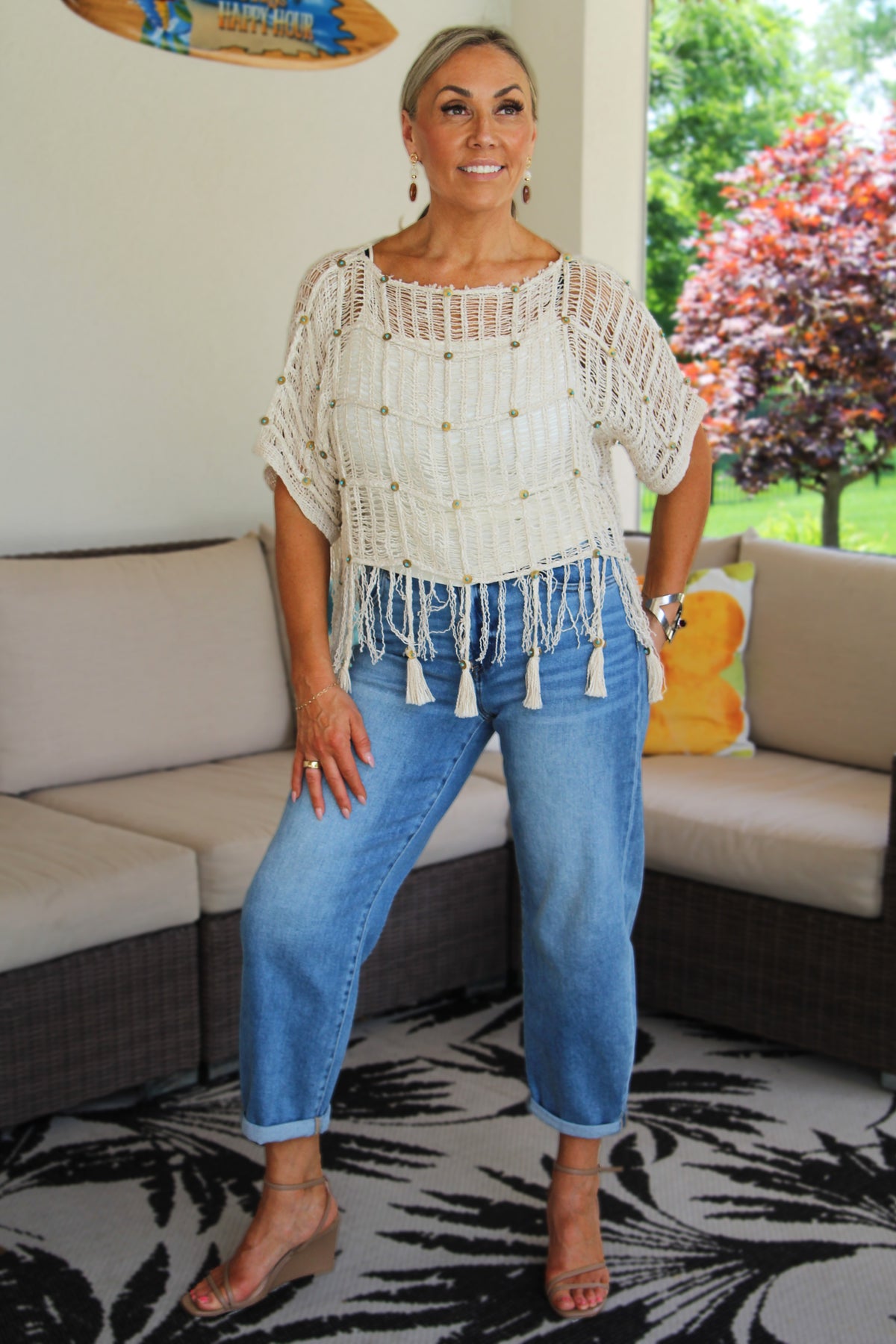 Open Knit Short Sleeve Boho Top w/ Bead & Tassel Trim