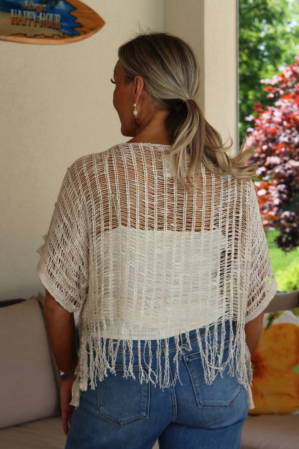 Open Knit Short Sleeve Boho Top w/ Bead & Tassel Trim