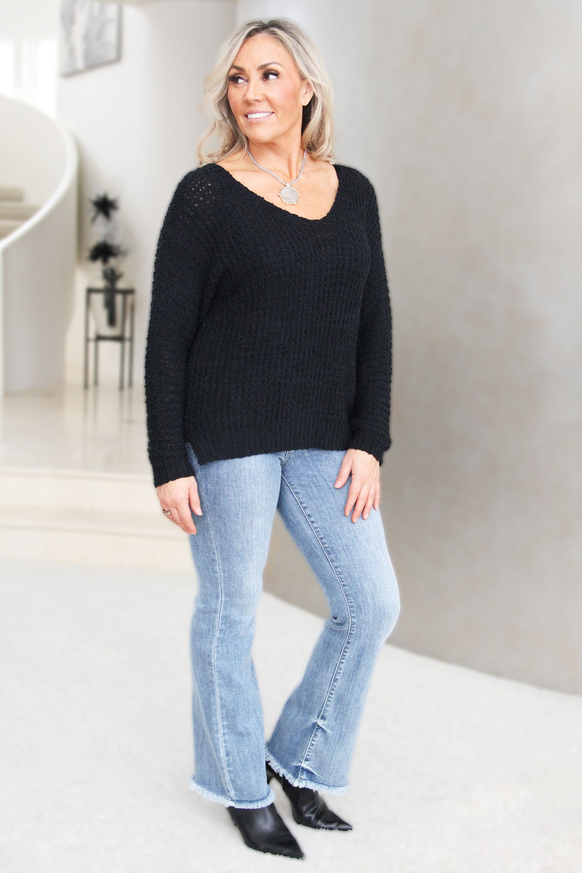 V-Neck Waffle Knit Long Sleeve Sweater