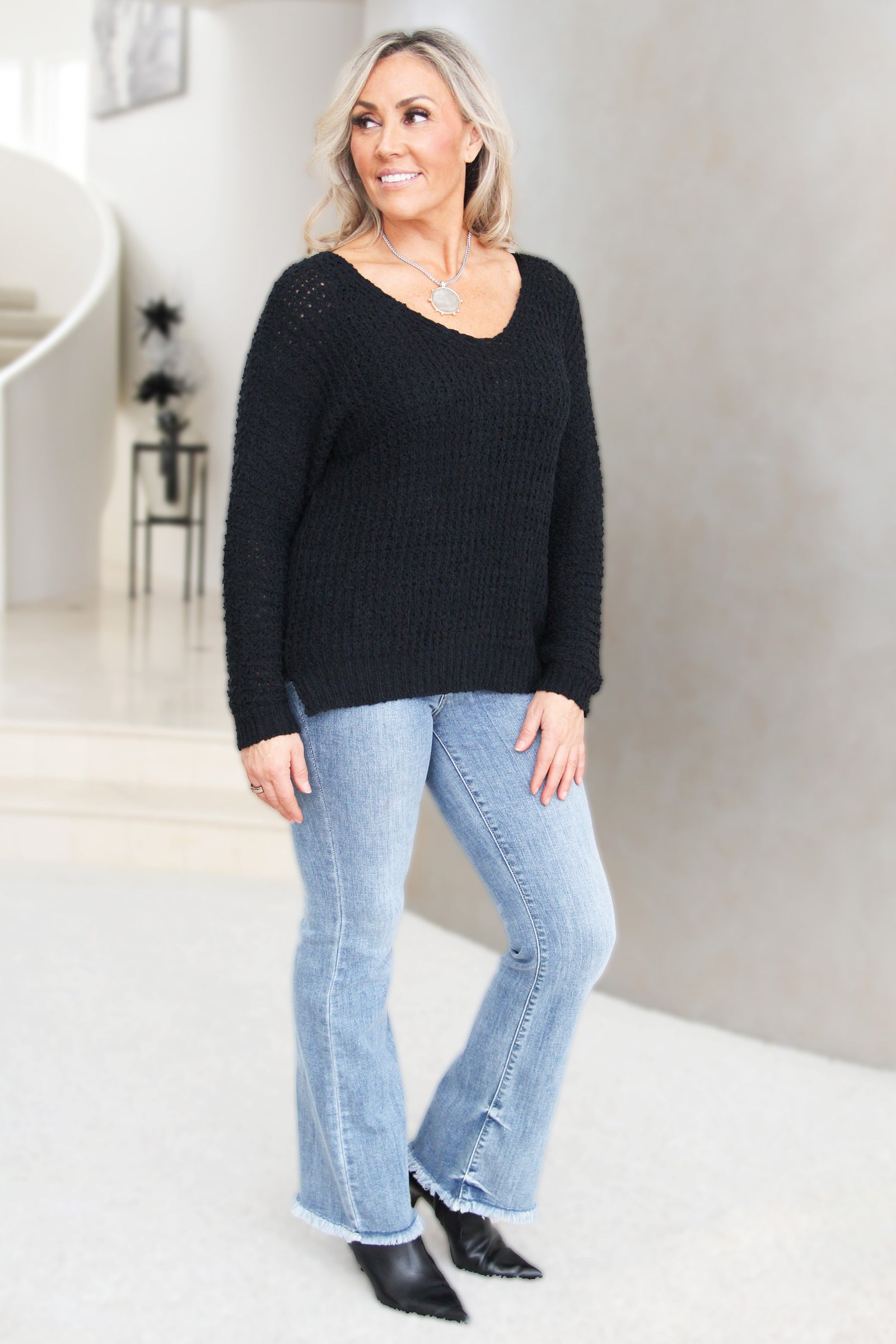 V-Neck Waffle Knit Long Sleeve Sweater