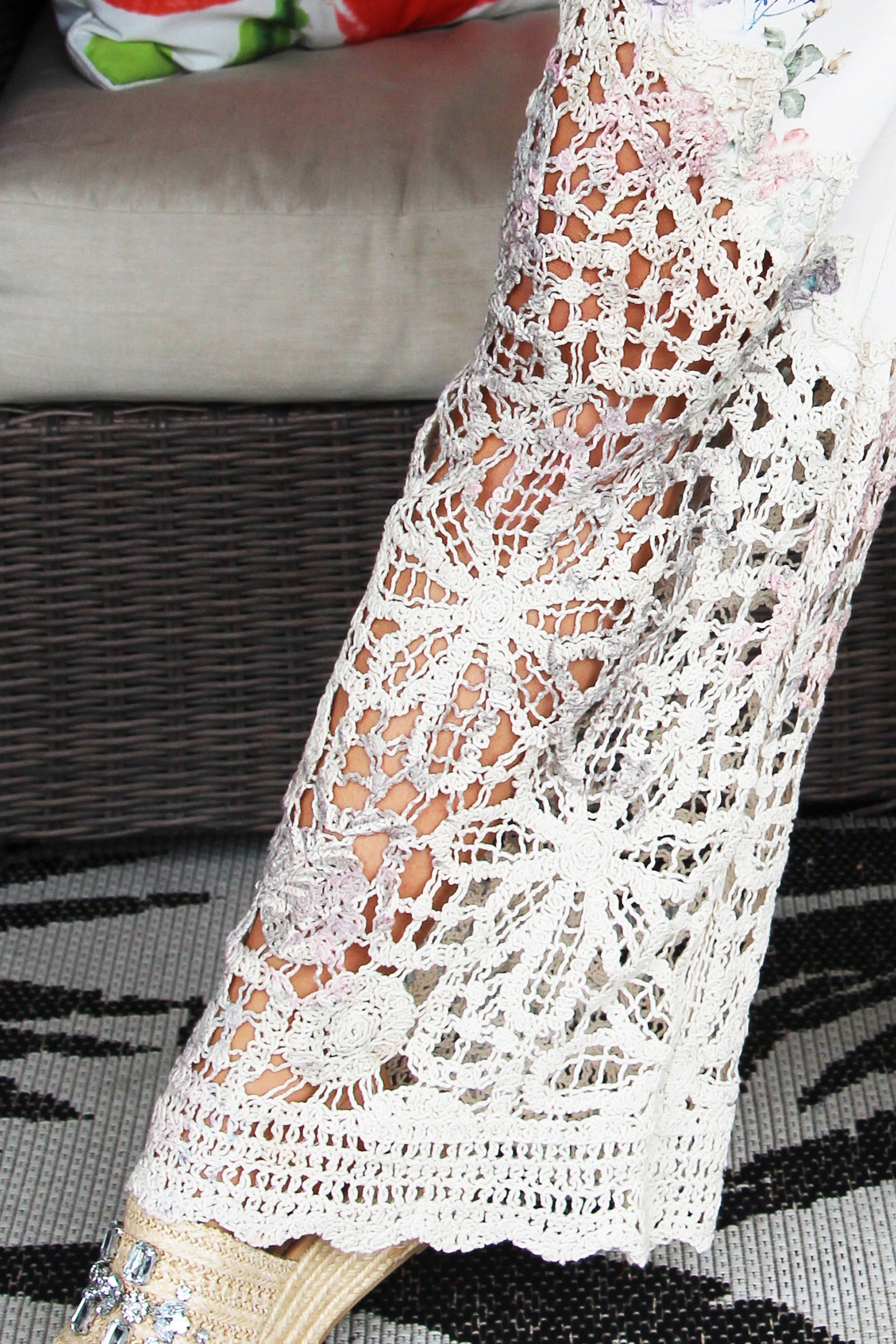 Tropical Print Pants W/ Crochet Bottom