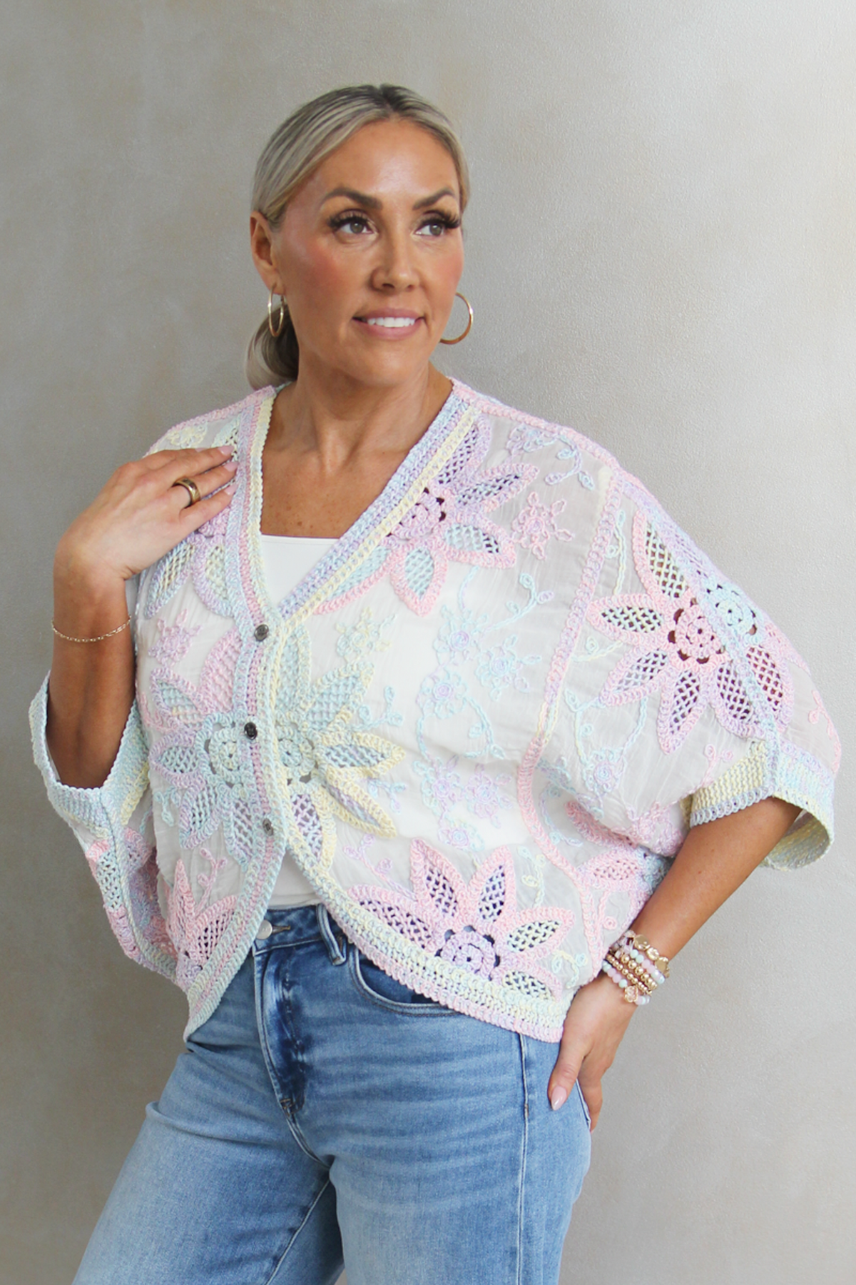 Crochet V-Neck Batwing Sleeve Oversized Cardigan