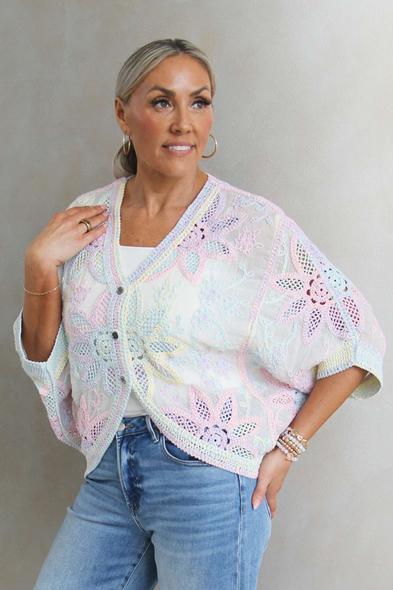 Crochet V-Neck Batwing Sleeve Oversized Fit Cardigan