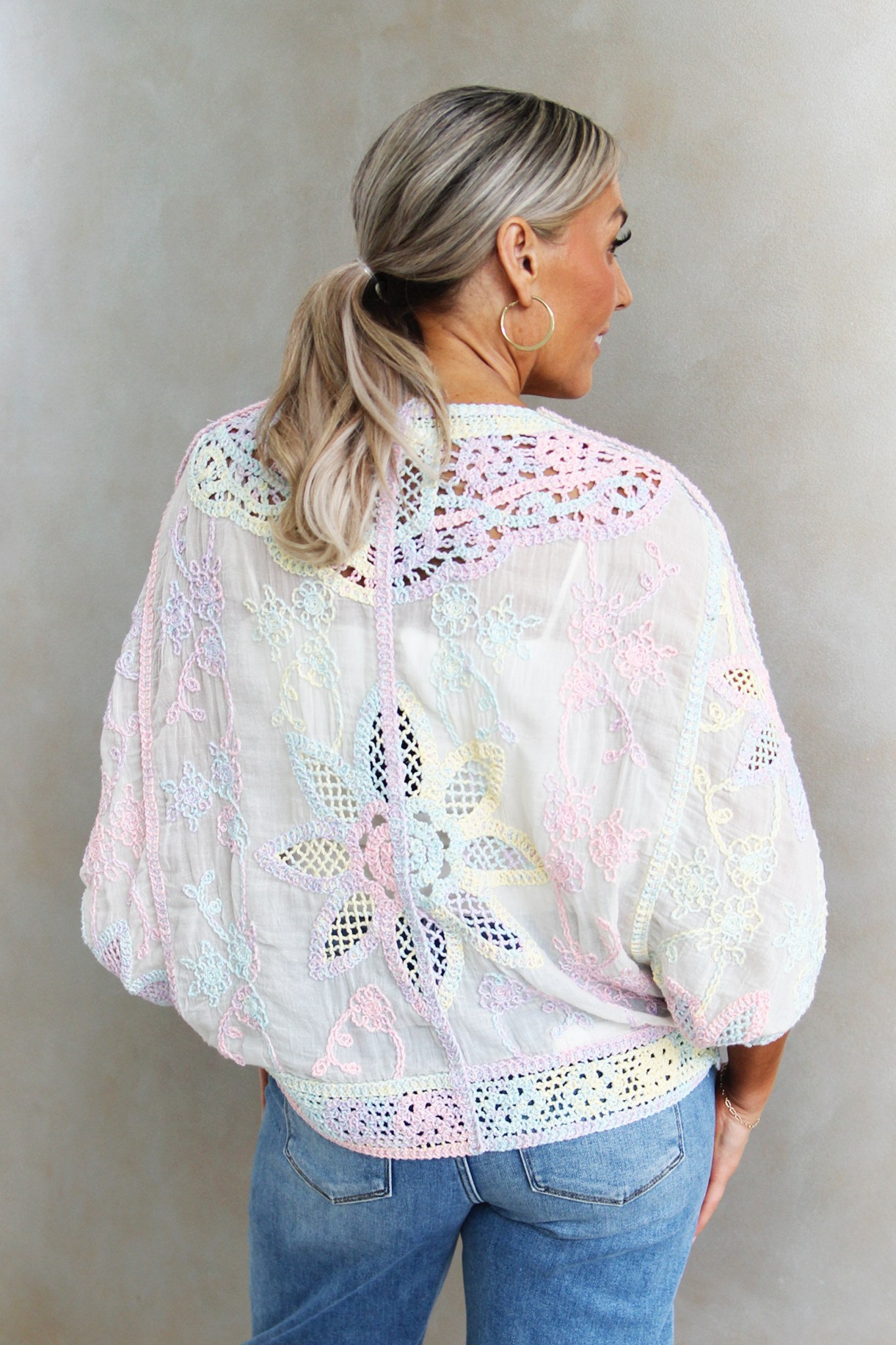 Crochet V-Neck Batwing Sleeve Oversized Fit Cardigan