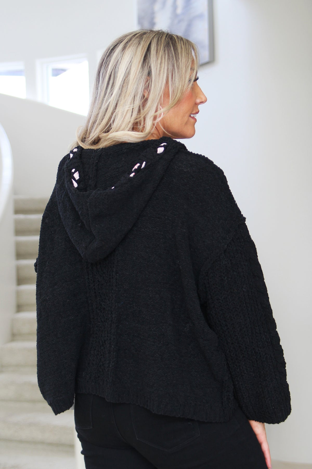 Black Crochet Short Sweater W/ Floral Drawstring