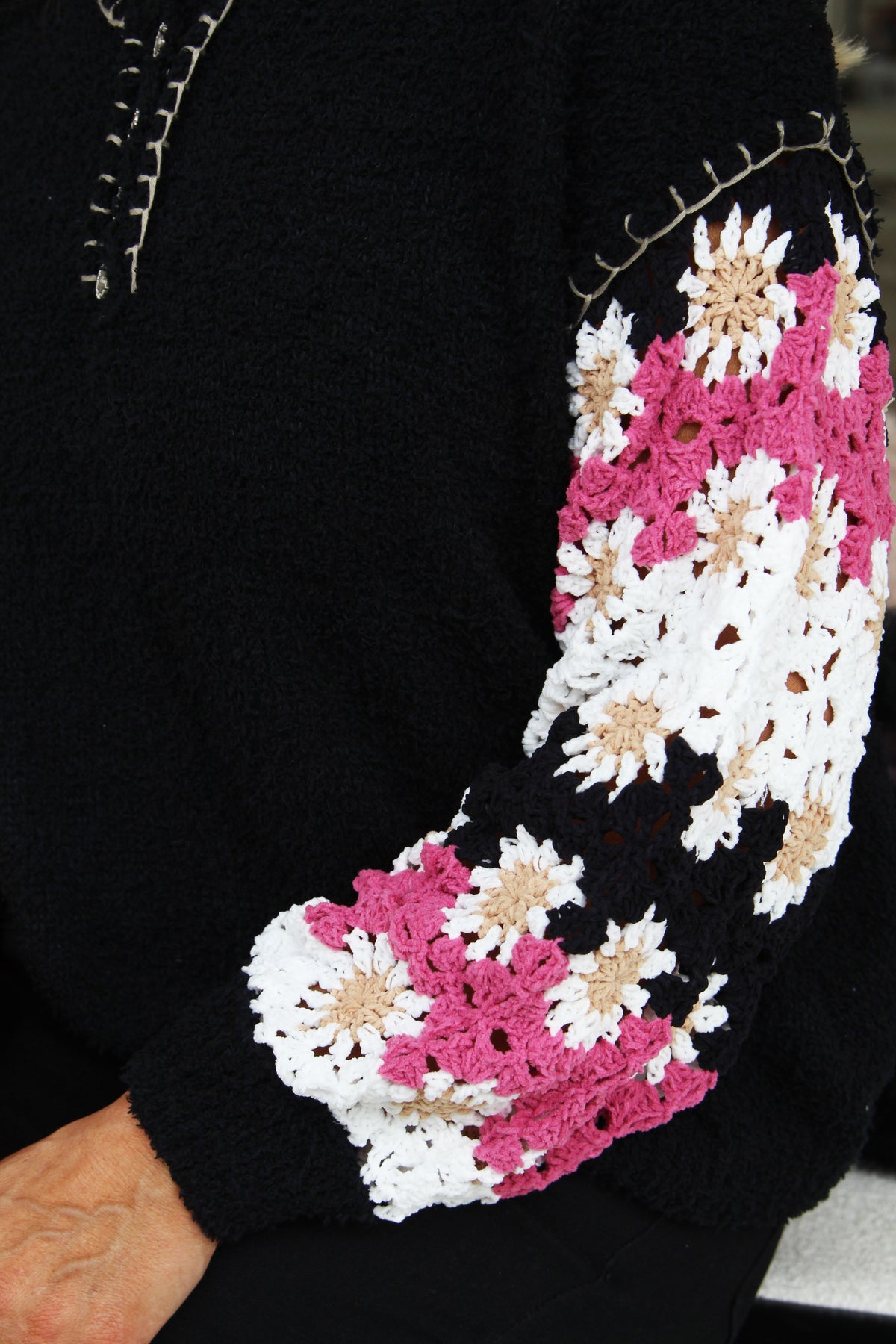 Soft Chenille Knit Sweater w/ Crochet Sleeves
