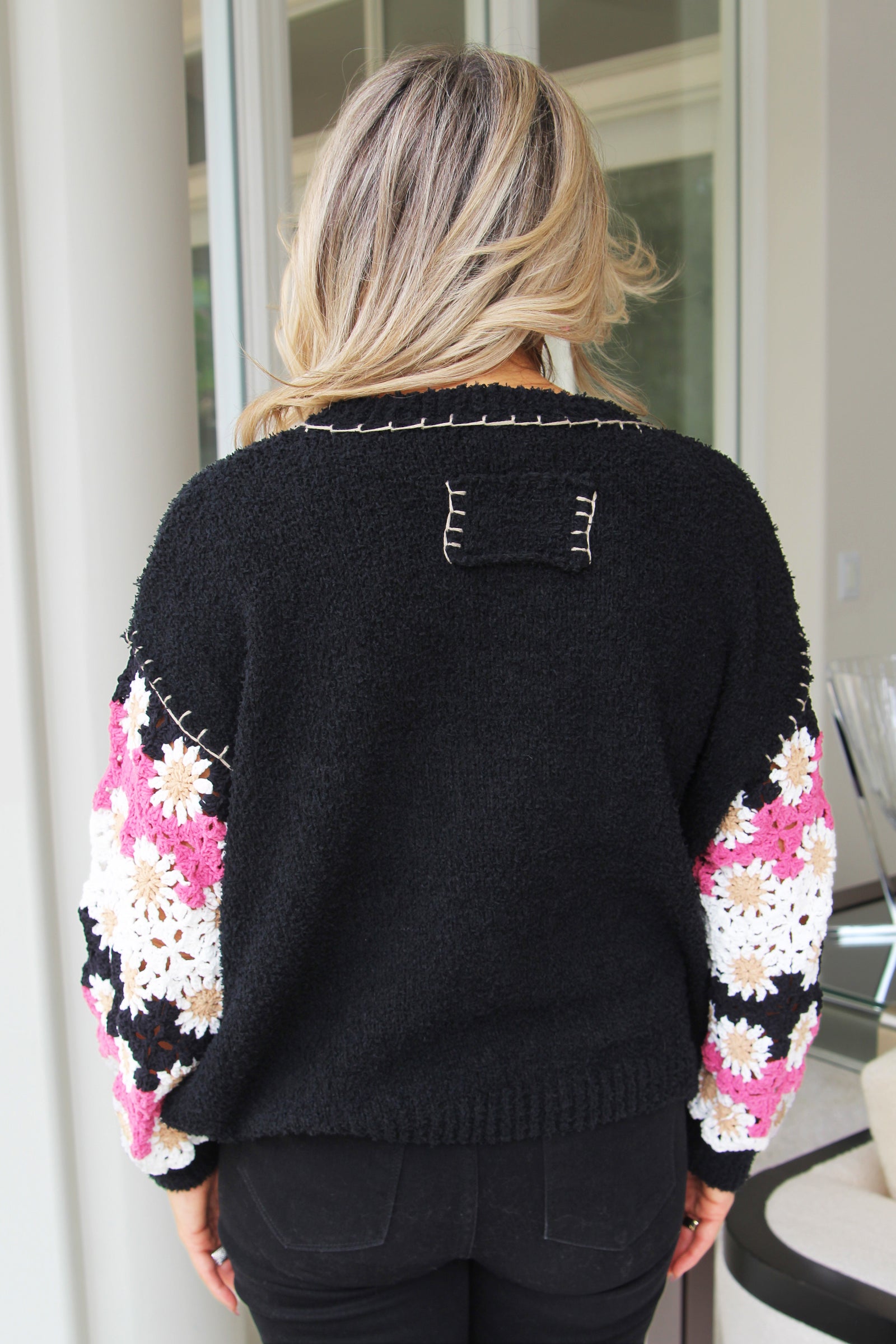 Soft Chenille Knit Sweater w/ Crochet Sleeves