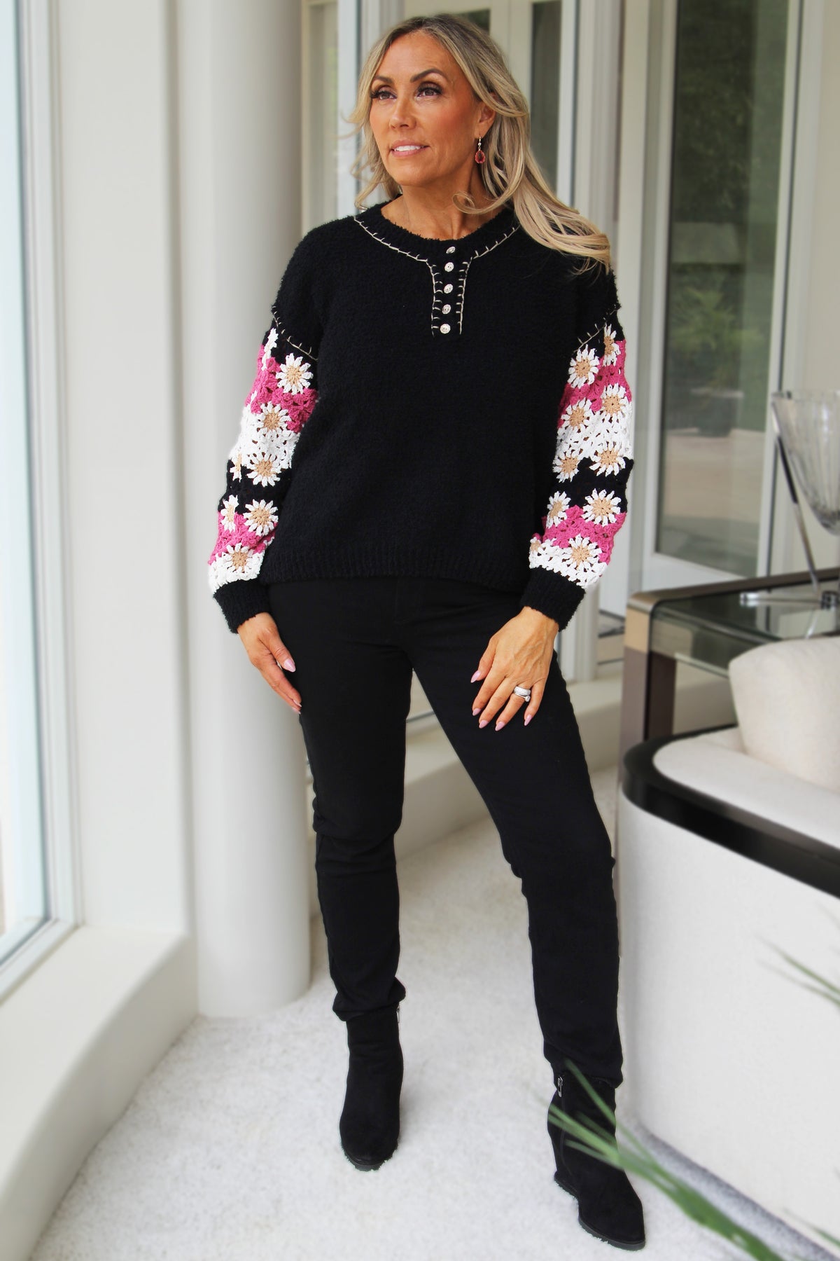 Soft Chenille Knit Sweater w/ Crochet Sleeves