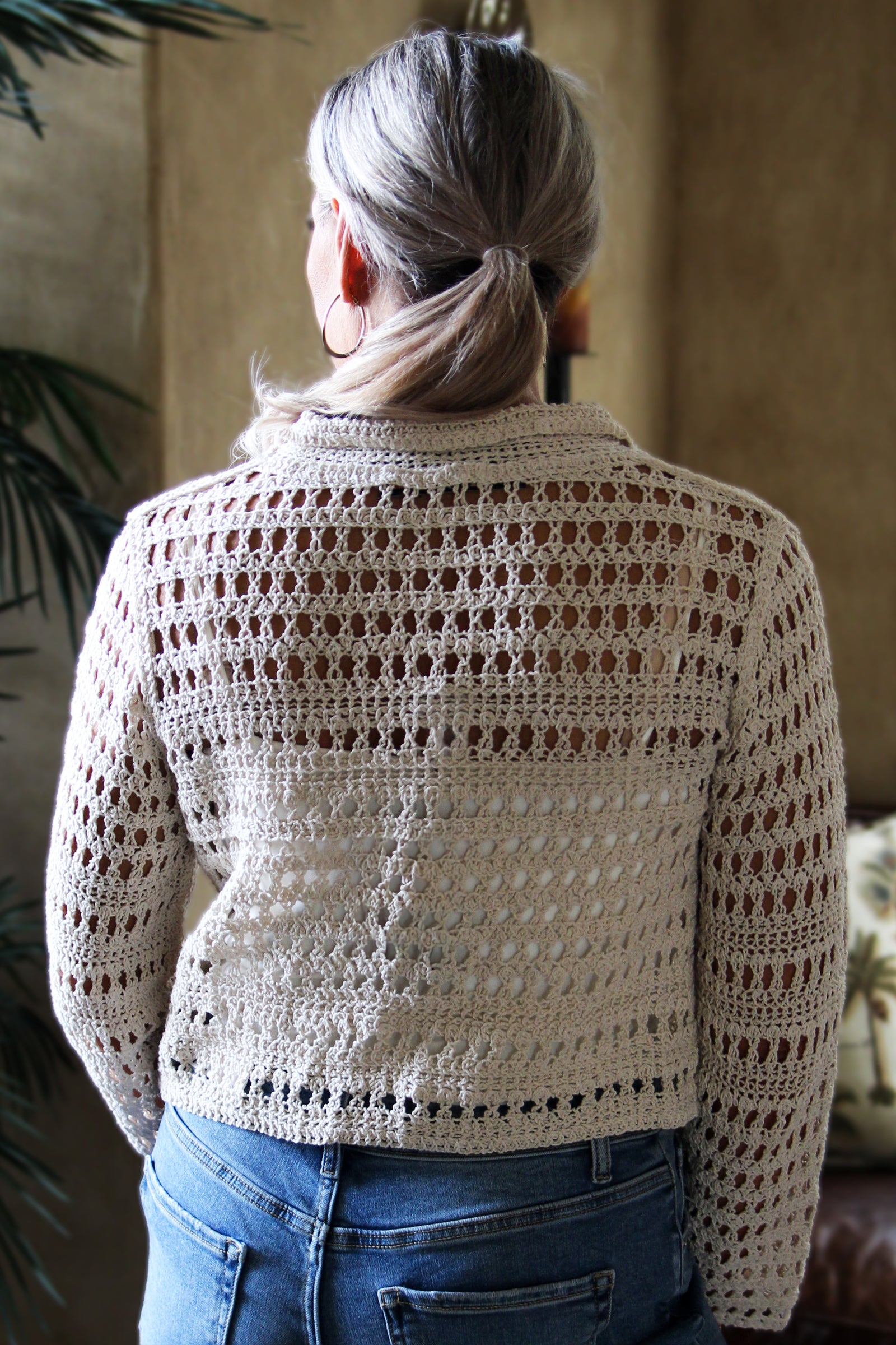 Long Sleeve Cropped Crochet Polo Sweater