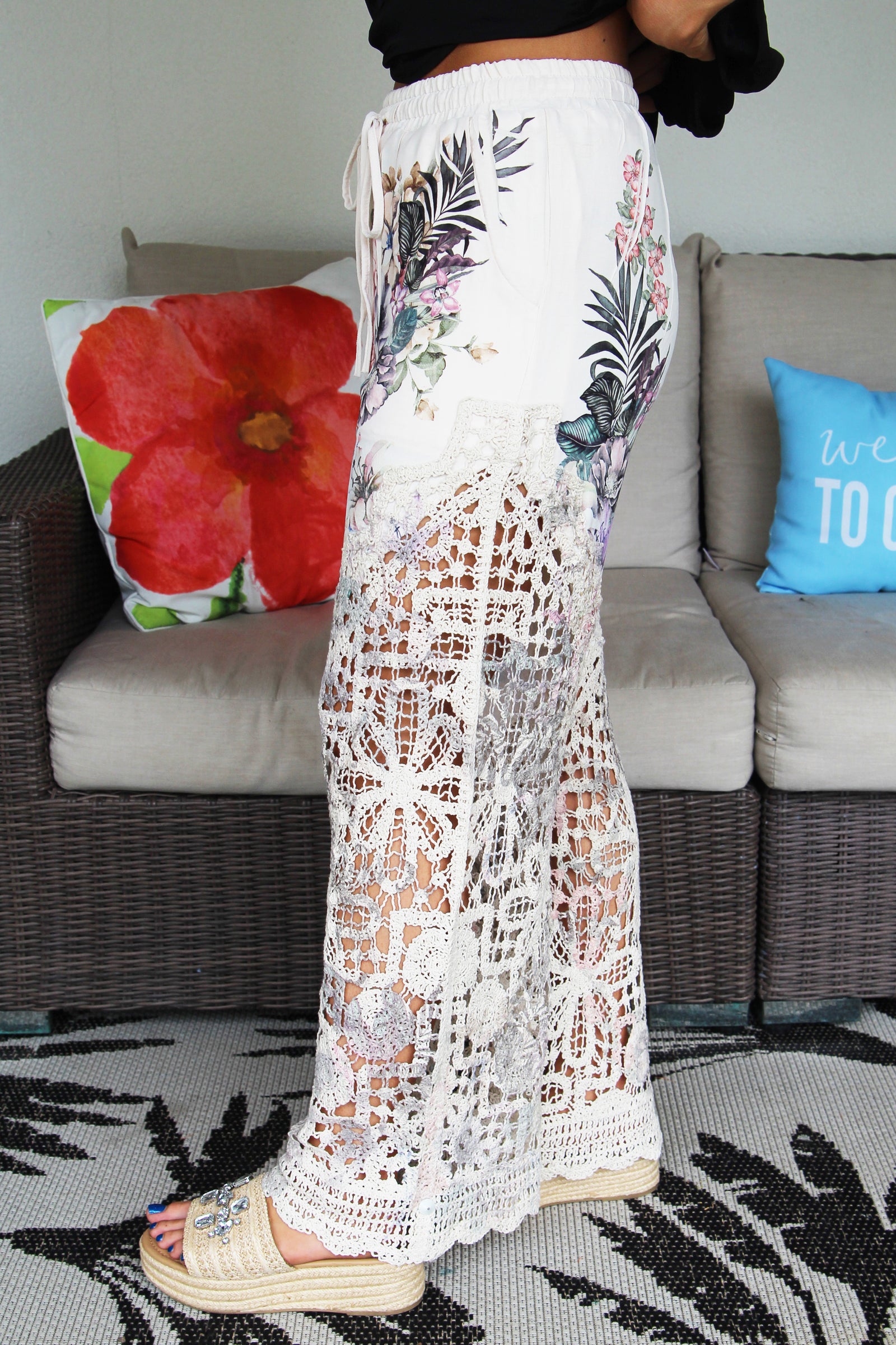 Tropical Print Pants W/ Crochet Bottom