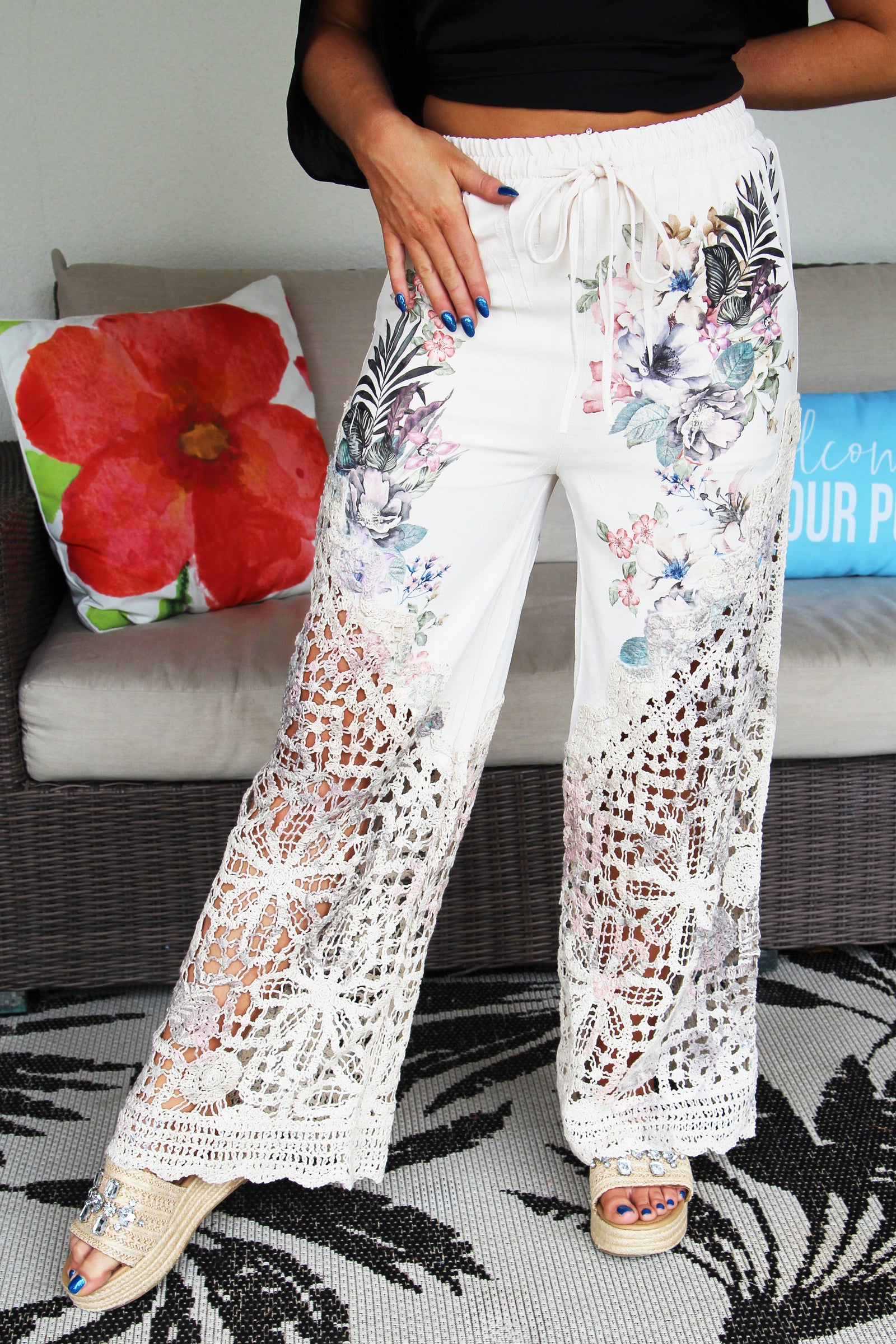 Tropical Print Pants W/ Crochet Bottom
